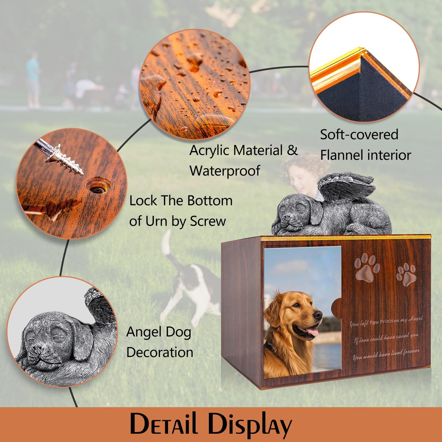 Cityjoy Dog Urn for Ashes, Large Wooden Texture Acrylic Memorial Urn with Angel Dog Statue, Pet Urns for Dogs Ashes Keepsake Box, Sympathy Remembrance Gift for Loss of Beloved Pet Urns for Dogs