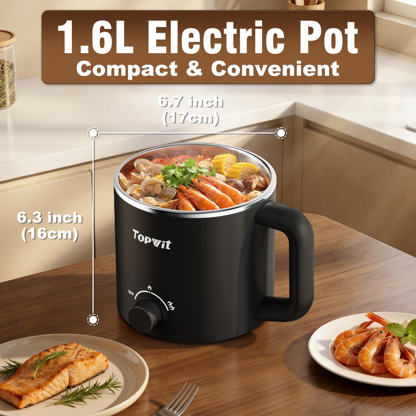 TOPWIT Hot Pot Electric, 1.6L Ramen Cooker, Multifunctional Electric Cooker for Pasta, Shabu-Shabu, Oatmeal, Soup and Egg with Over-Heating Protection, Boil Dry Protection, Black