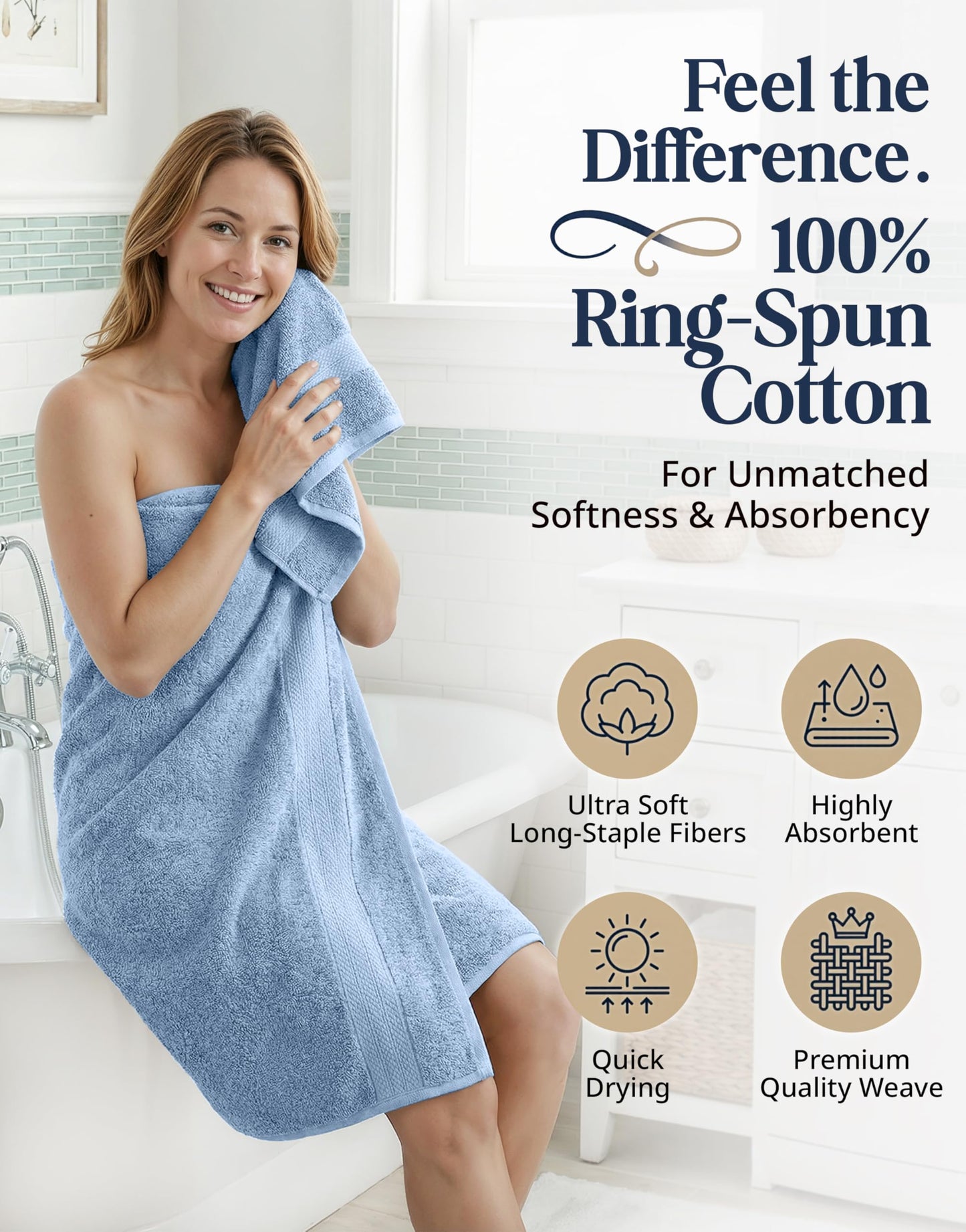 6 Piece Bath Towel Set - 100% Cotton Bathroom Towels, Extra Large Bath Towels, Hotel Towels, 2 Bath Towels Bathroom Sets, 2 Hand Towel for Bathroom, 2 Wash Cloths for Your Body and face - Allure