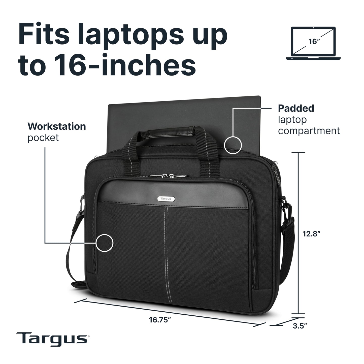 Targus 15–16” Classic Slim Briefcase – Lightweight Laptop Bag with Padded Compartment, Trolley Strap, Organizer Pocket & Shoulder Strap – Fits up to 16” Laptops - TCT027US