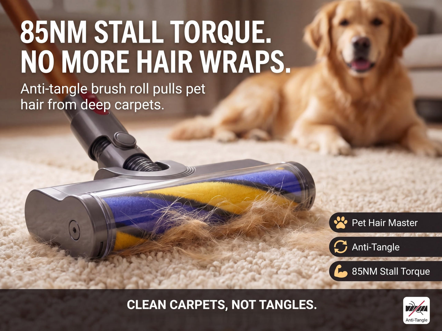 Anti-Tangle Vacuum Head – LED Lights, Quick-Release, Compatible with Dyson V7/V8/V10/V11/G5, for Carpet, Rug, Hardwood Floor, Tile