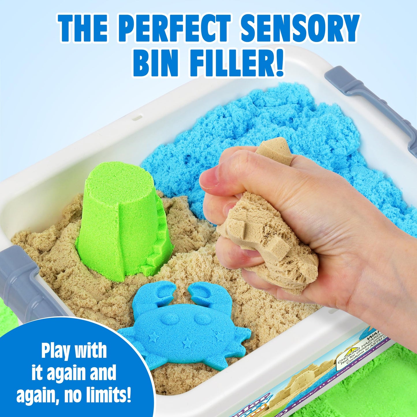 Billeeit 4.4 lbs Play Sand w/Storage Sandbox, 4-Pack(2 Yellow, 1 Blue, 1 Green), Sensory Bin Refill Sand for Shaping, Molding, Pressing, Scooping, Rolling, Self-Sticking Sand Sensory Toy for Kids 3+
