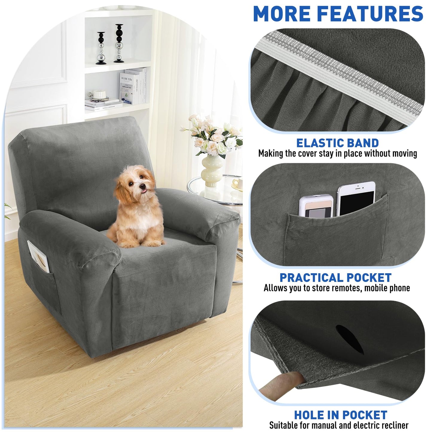 MAXIJIN Velvet 4 Piece Recliner Chair Covers Stretch Plush Sofa Slipcover Recliner Cover Thick Soft Reclining Protector with Side Pocket (1 Seat, Gray)