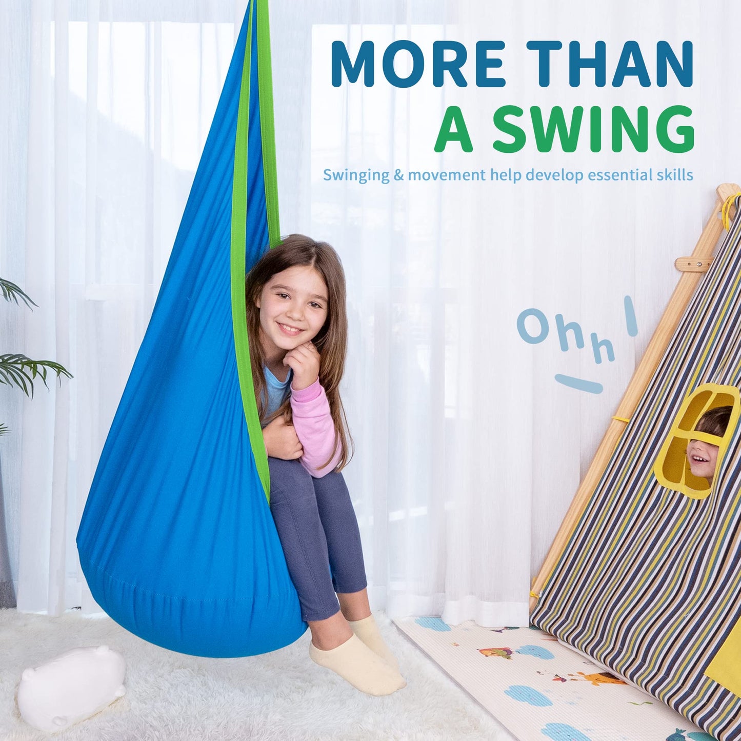 OUTREE Kids Pod Swing Seat, Cotton Child Hammock Swing Chair,Sensory Swing for Indoor and Outdoor Use,Blue