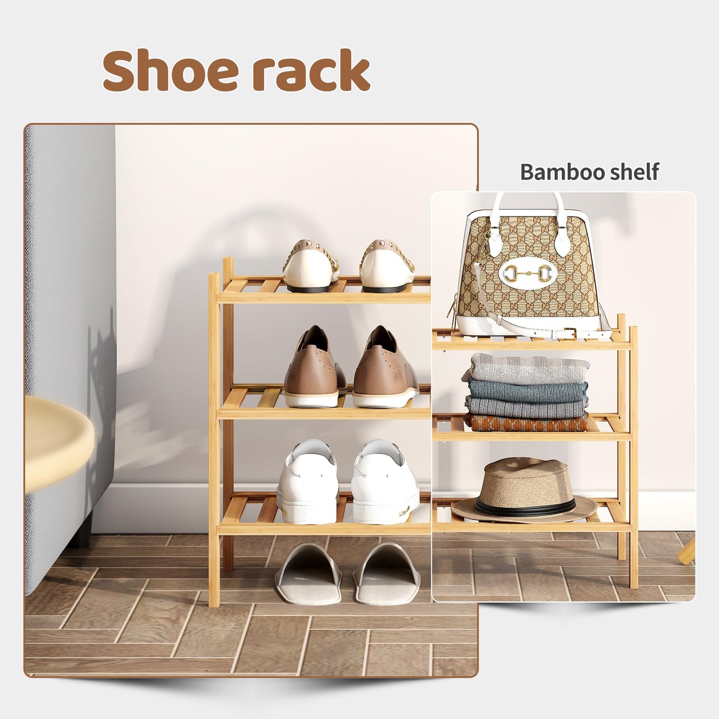 FILWH Bamboo Shoe Rack Stackable Shoe Shelf Storage Organizer for Unit Entryway Hallway and Closet Sturdy Freestanding Shoe Shelf (Natural, 3-Tier/27 * 11 * 18.3IN)