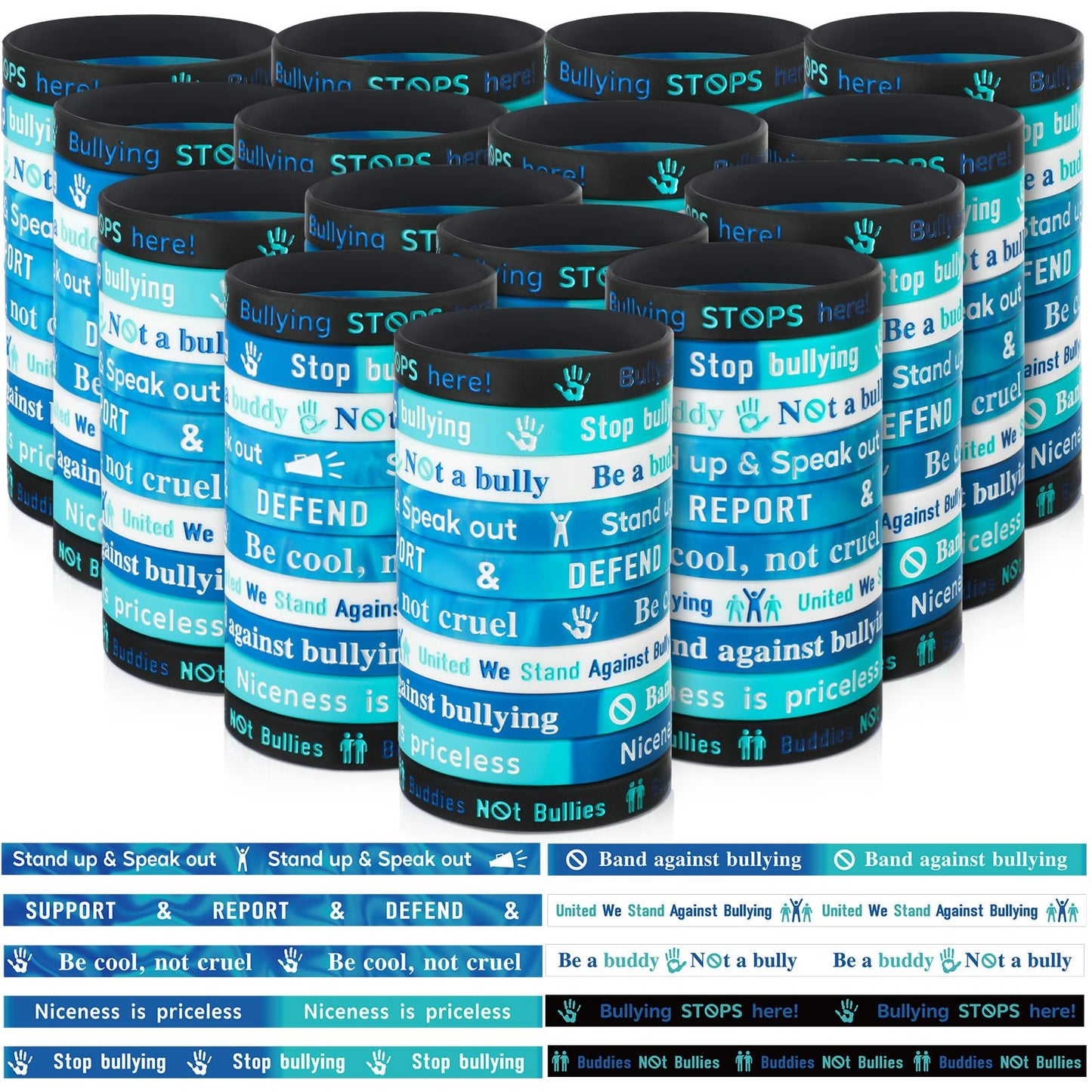 Seenelling 200 Pcs Anti Bullying Wristbands Bulk Against Bullying Silicone Bracelet 10 Styles Unisex Stretchy Motivational Silicone Wristbands for Anti Bullying Awareness Fundraising