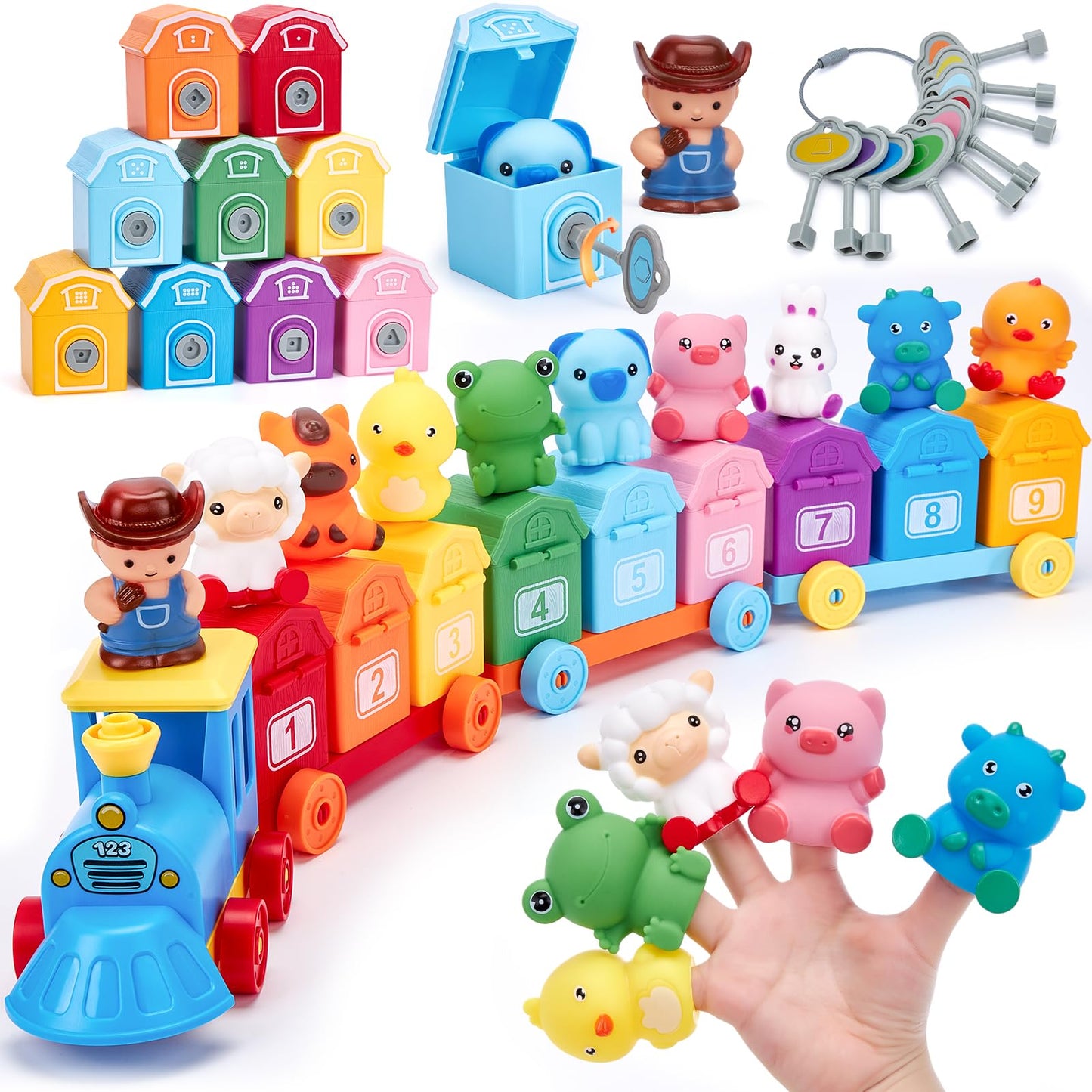 hahaland Toddler Learning Farm Train Set for Toddlers 1-3 Years - Counting Matching & Sorting Montessori Toys, Finger Puppets, Keys to Lock and Unlock Barns Birthday for Baby Boys Girls