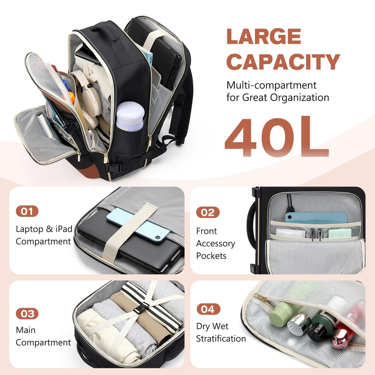 VNINE Travel Backpack for Women Men Carry on Backpack 17 Inch Laptop Backpack 40L Bags Flight Approved Business Bag Water Resistant Luggage Daily Weekender Bag