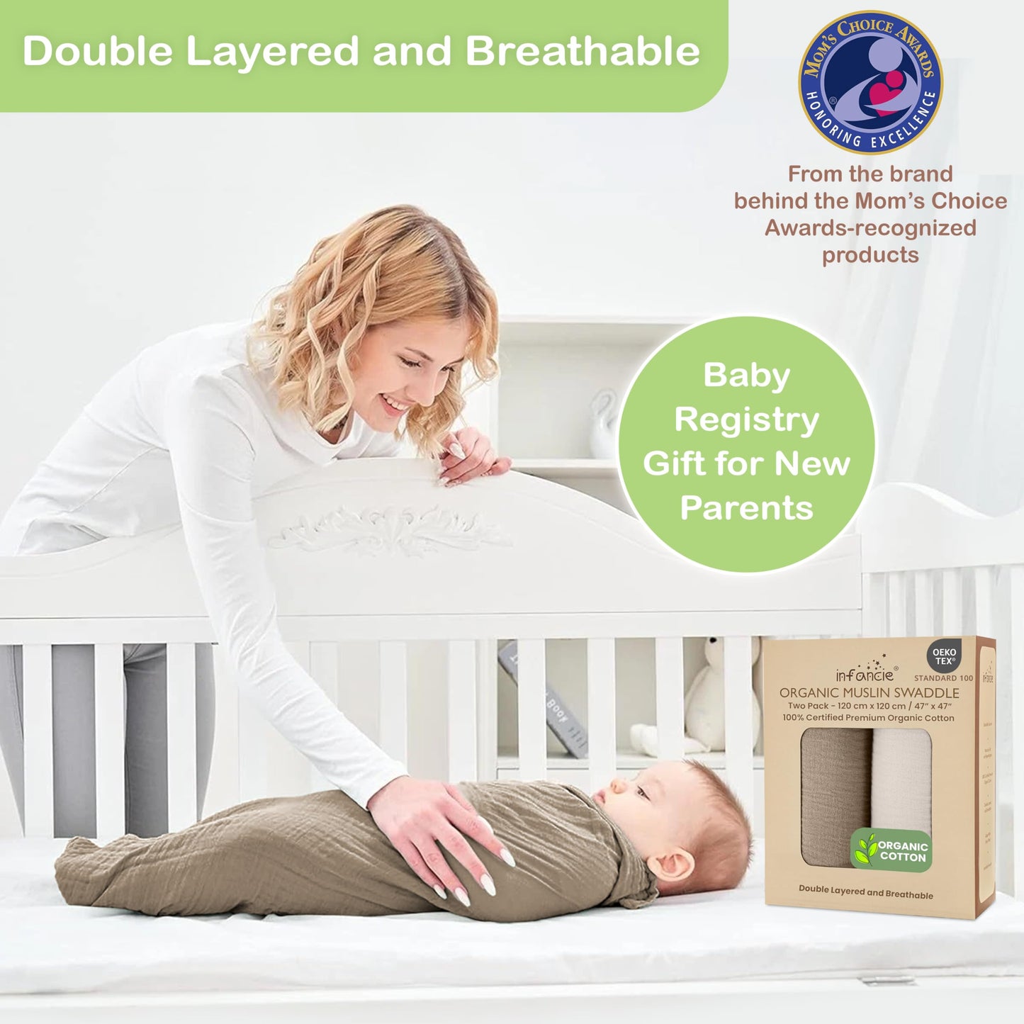 Infancie 100% Organic Cotton Baby Muslin Blanket 120 X 120 CM Baby Blankets Pack of 2 Soft Breathable Lightweight Gentle On Baby Skin Large Receiving Blanket for Newborns and Infants Daily Use