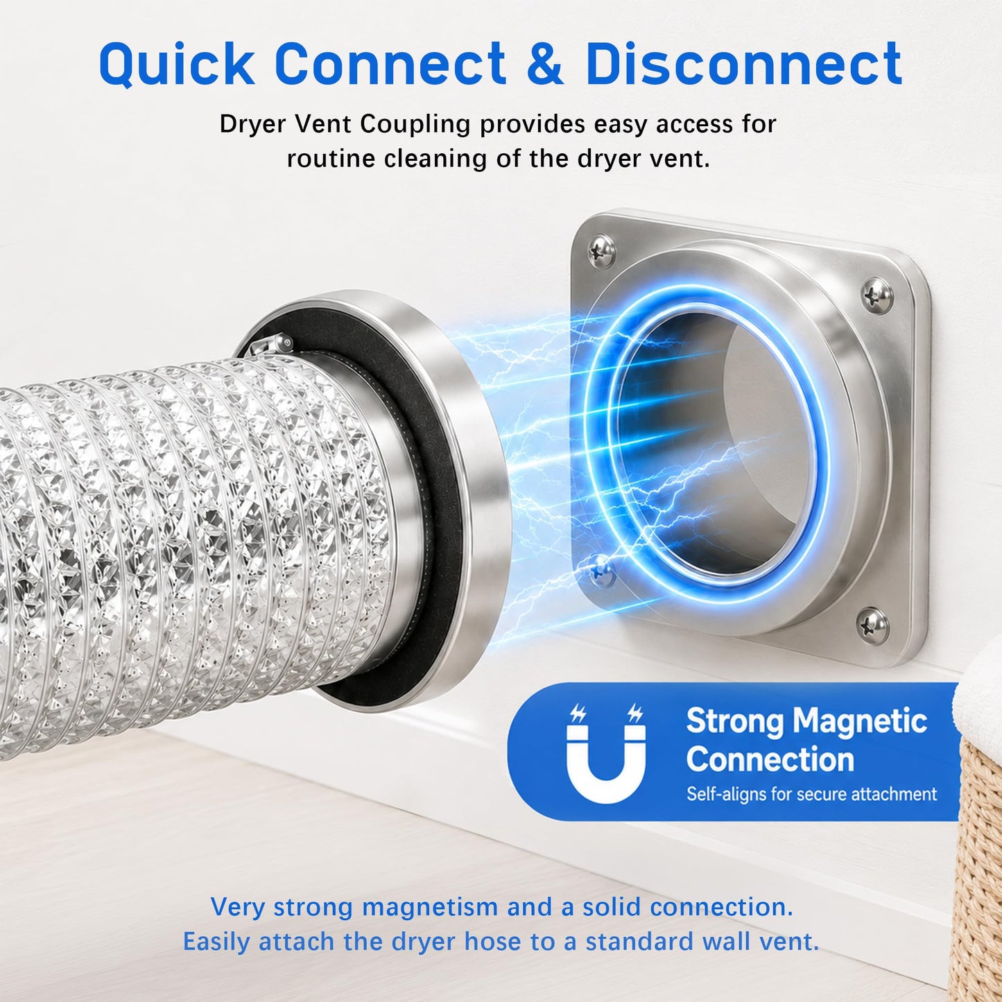 DVC-180 Magnetic Dryer Vent Coupling Connector Kit, Airtight Quick-Connect Dryer Vent Connector for 4" Dryers, Includes 3.28 ft 4" Duct and 2 Clamps for Easy Cleaning