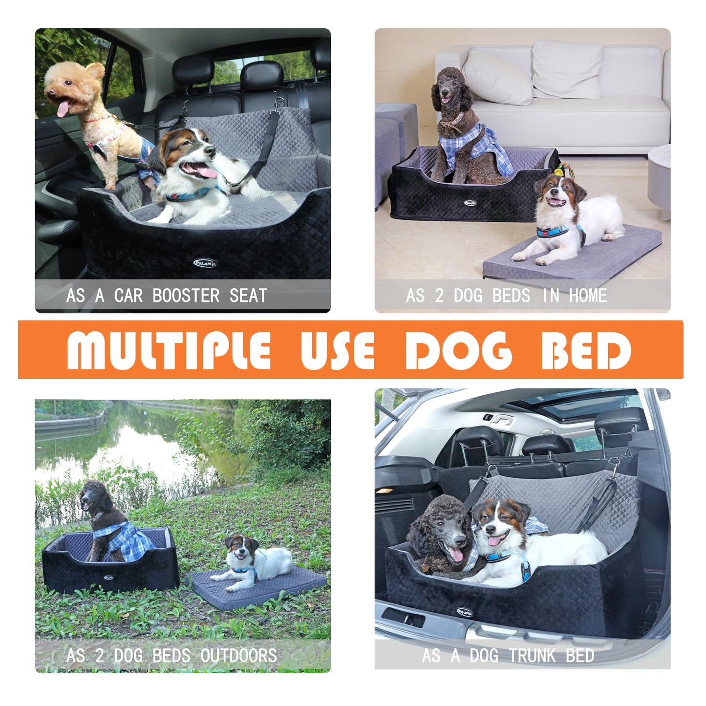 PALAMIL Dog Car Booster Seat for Large/Medium Dogs or 2 Small Dogs, Waterproof Elevated Pet Car Seat with Thick Cushion and Storage Pockets, Black/Grey
