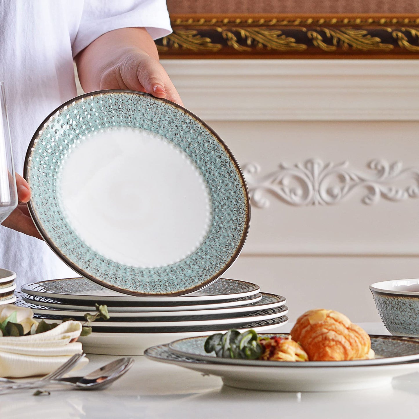 Melamine Dinnerware Sets,12pcs Plates and Bowls Sets, Melamine Dishes Set for 4, Unbreakable,Dishwasher Safe, BPA Free,Great for Indoor Use,Camping, BBQ,RV, Party,Rustic Style (Teal)