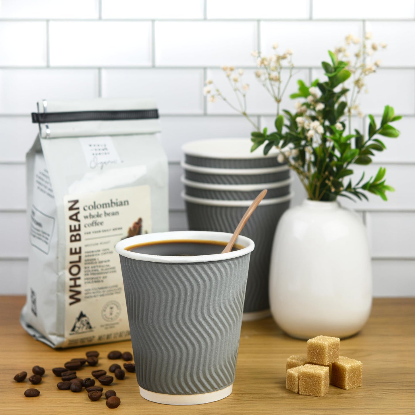 NYHI Set of 150 Ripple Insulated Gray Paper Cups Coffee Tea Hot Cups Recyclable 3 Layer Rippled Wall For Better Insulation Perfect for Cappuccino Hot Coco or Iced Drinks (10 oz -150 pack)