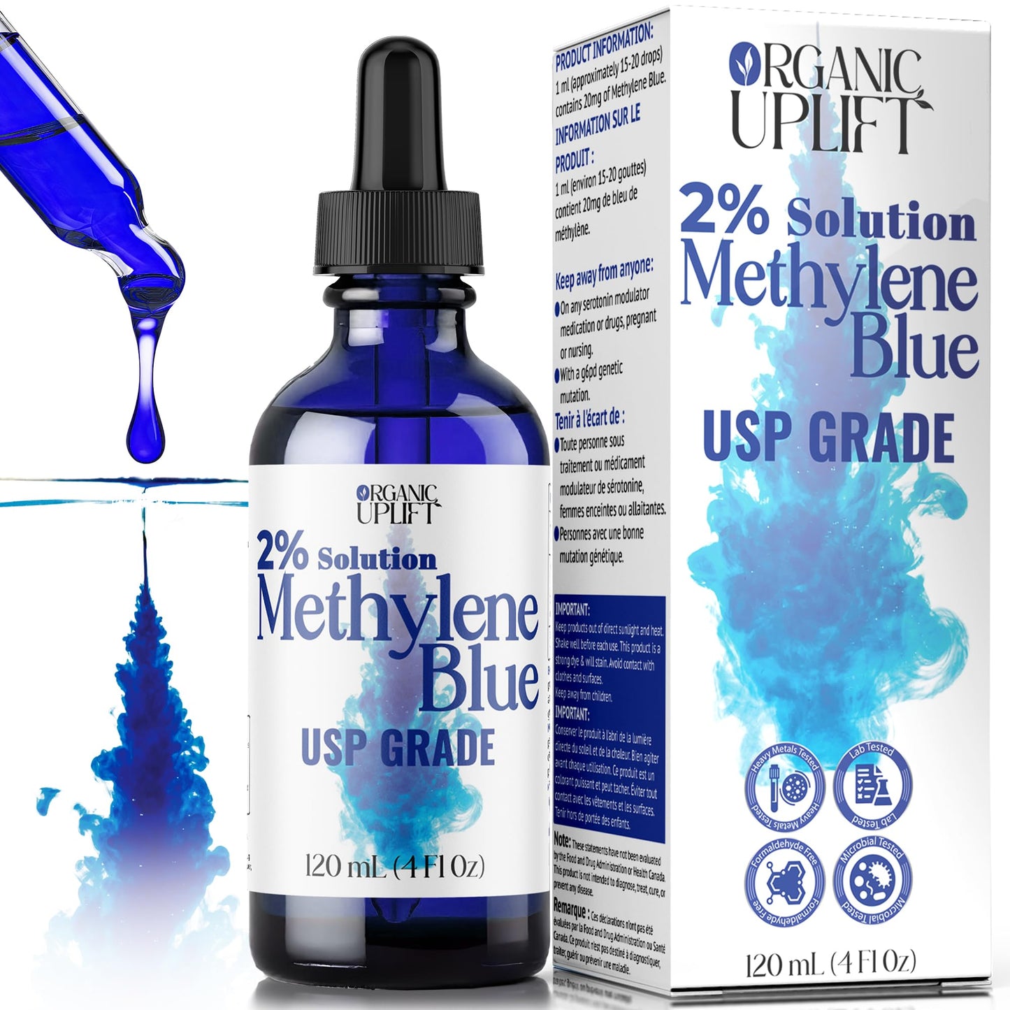 2% High Concentrate Methylene Blue 120ml Solution - Ultra High Purity, 2% Aqueous USP Grade Solution, Formaldehyde Free, Amber Glass Bottle with Graduated Dropper, Includes Certificate.