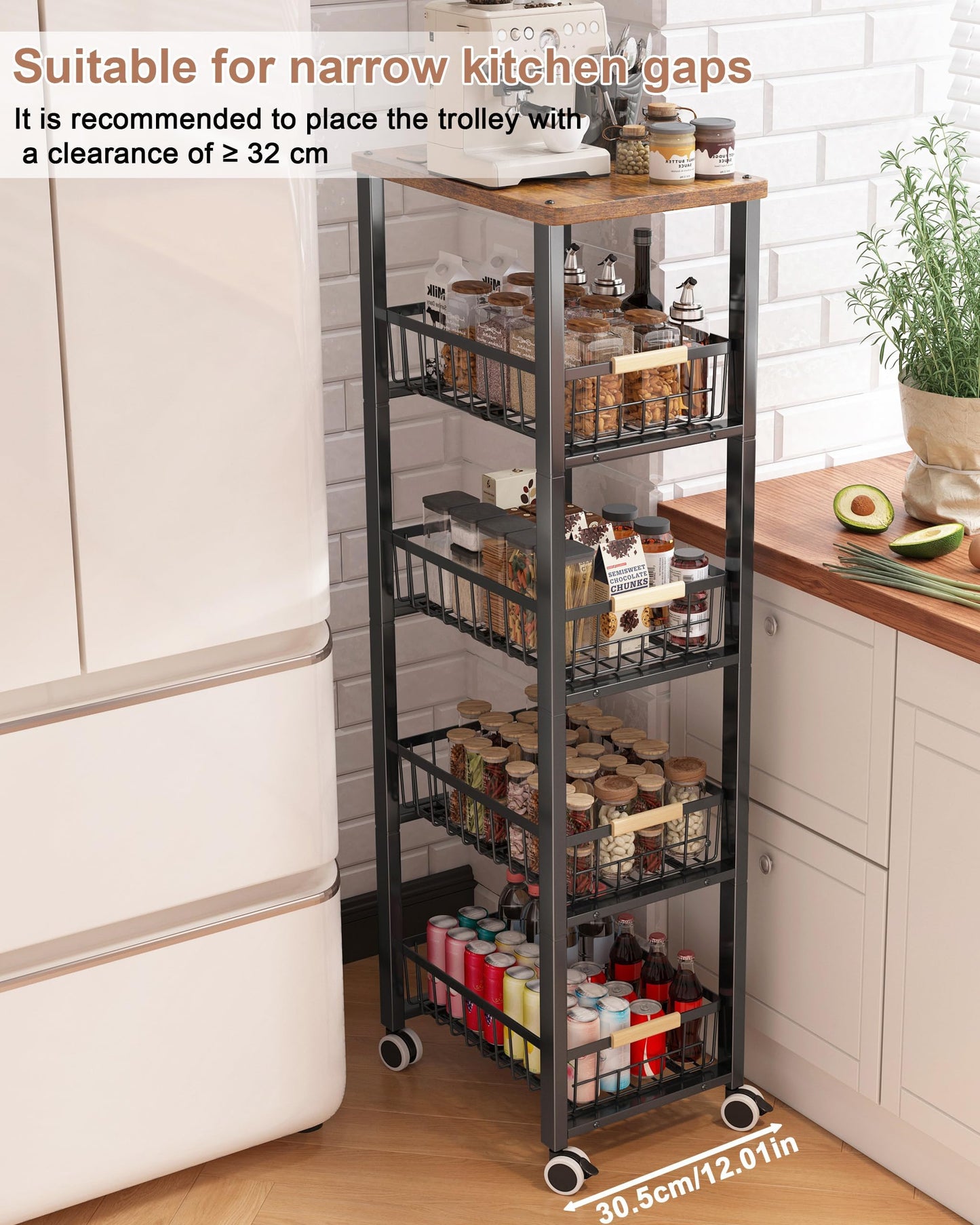 Ornestia 5-Tier Storage Cart,Metal Shelving Units Storage Slide Out,Kitchen Tall Storage Trolley with Wheels Wooden Top(40cm*30cm*107cm -Black)