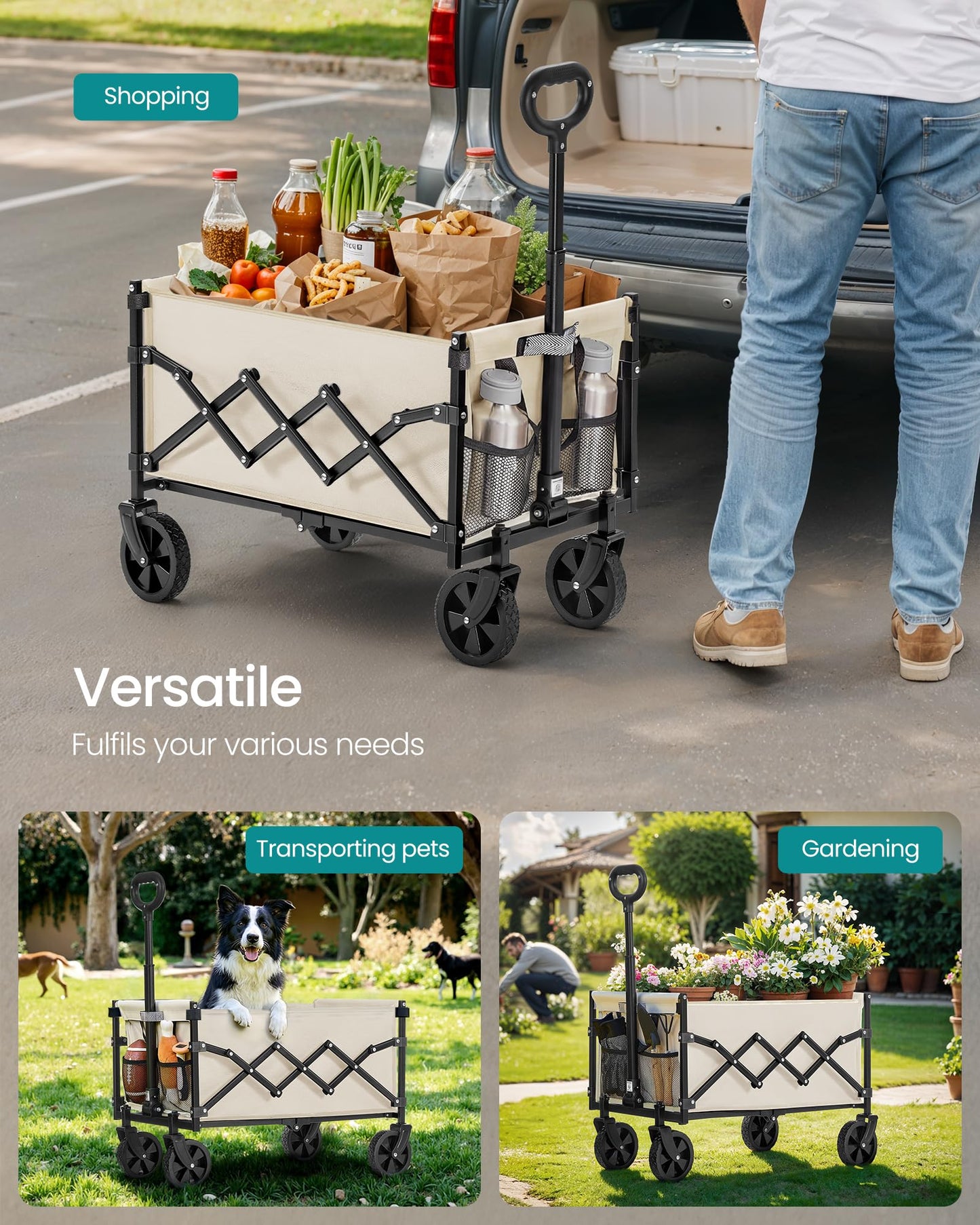 SONGMICS Collapsible Wagon, Foldable Wagon Cart, Folding Camp Cart with Wheels, for Outdoor, Yard, 180 kg Dynamic Weight Capacity, 90 L, Sand Beige UGFW909LF01