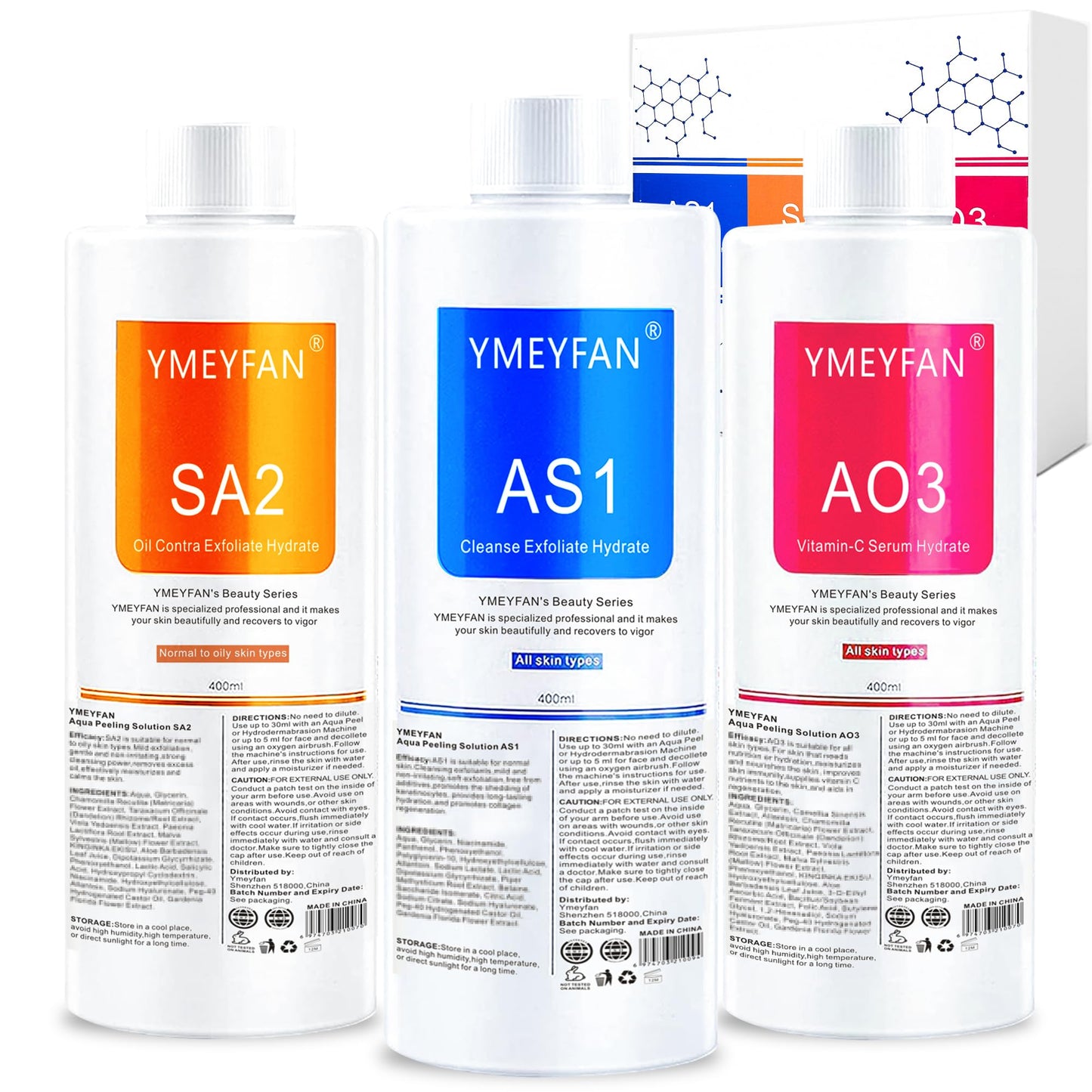 YMEYFAN AS1 SA2 AO3 Hydrate Facial Solution (English Ver.) for Hydra Machine SPA Salon Facial, Aqua Peeling Solution for Small Bubble Facial Machine Cleansing, Exfoliate, Hydrating (400ml Mix 3PCS)