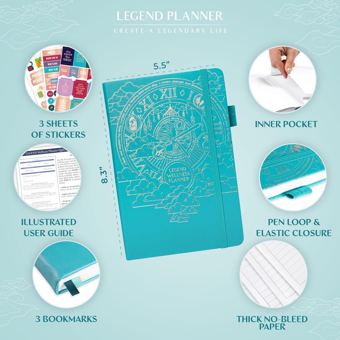 Legend Wellness Planner & Food Journal – Daily Diet & Health Journal with Weight Loss, Measurement & Exercise Trackers – Lifestyle & Nutrition Diary – Lasts 6 Months, A5 size – Turquoise