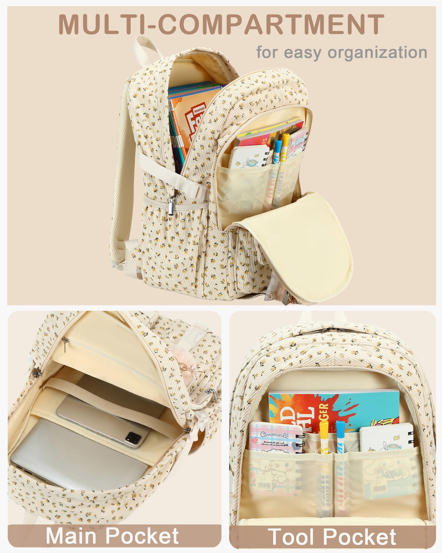 School Laptop Backpack for Teens Girls Women College Backpacks Corduroy Bag Students Bookbag Anti Theft Travel Daypack (Beige Floral)