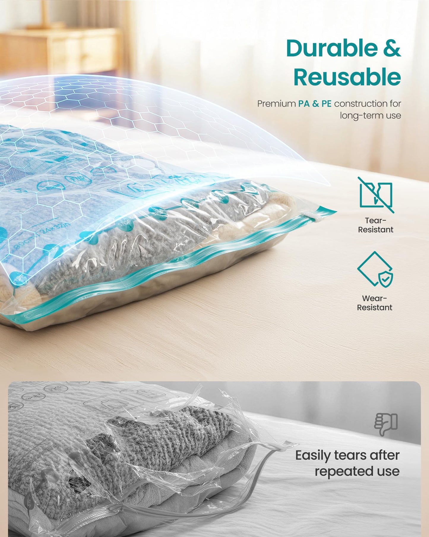 SONGMICS Vacuum Storage Bags, Rechargeable Portable Electric Pump, Space Saver Vacuum Seal Suction Bags for Clothing Travel Bedding Comforters, Reusable, 15 Pack, 3S/4M/4L/4J, Transparent ULVB203W101