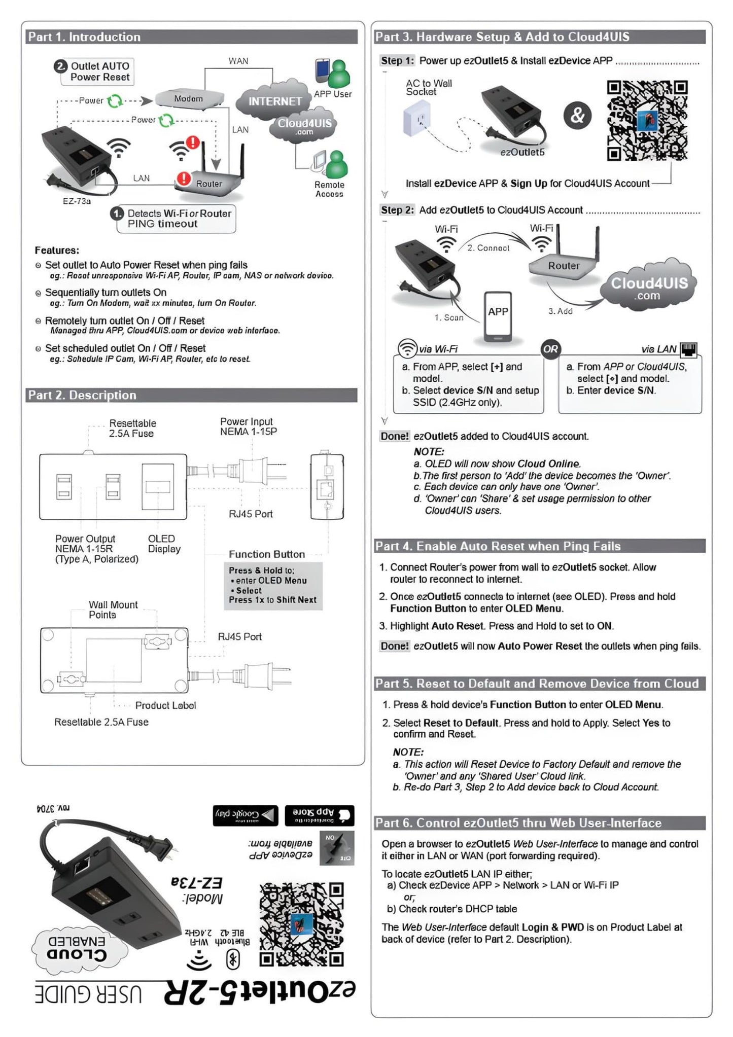 ezOutlet5-2R - Dual Outlet Internet Enabled IP & WiFi Remote Power Switch with Automatic Reboot - iOS | Android | Cloud | 2 Web Controllable AC Power Outlets - Model EZ-73a