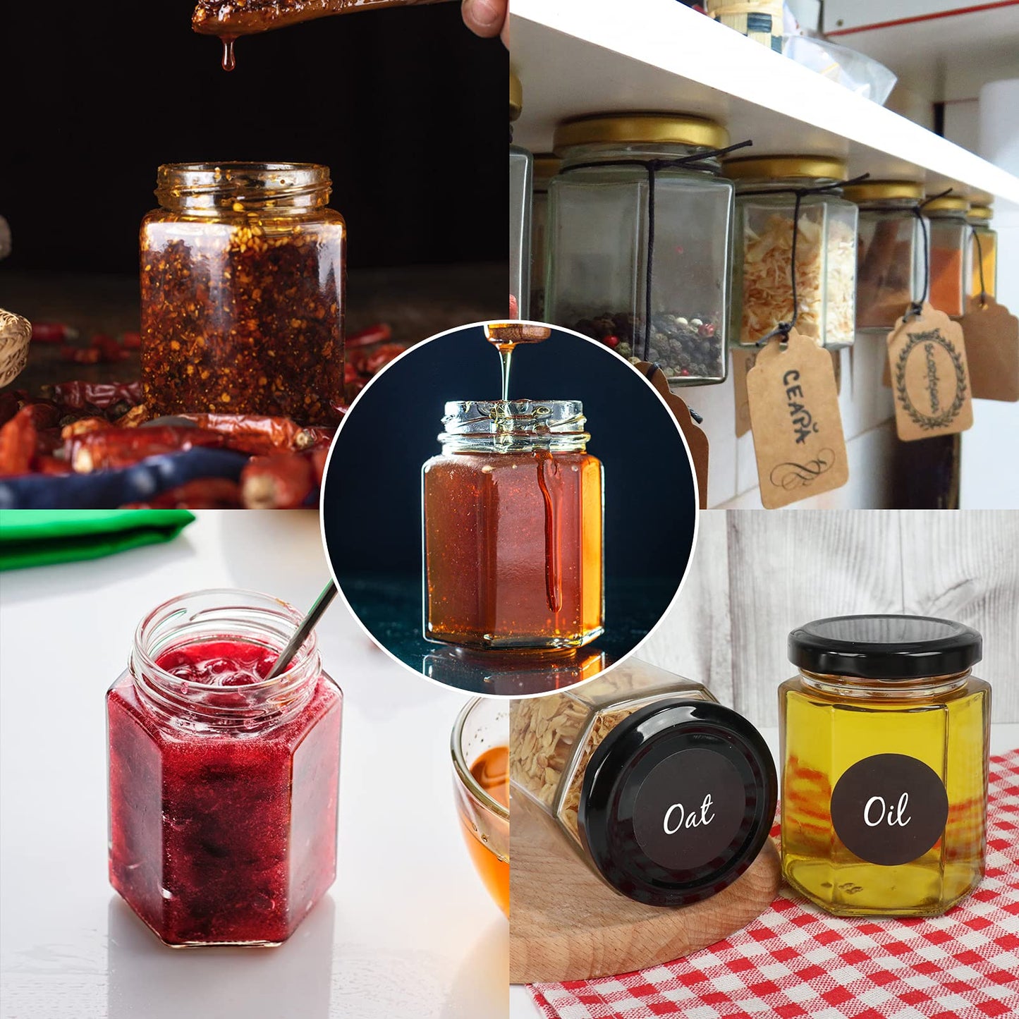 30 Pack 6 oz Hexagon Glass Jars With Black Lids, 180ml Clear Canning Mason Jars for Honey, Spice, Herb, Jams, Shower and Wedding Favors, Craft - 1 Pen and Labels Included