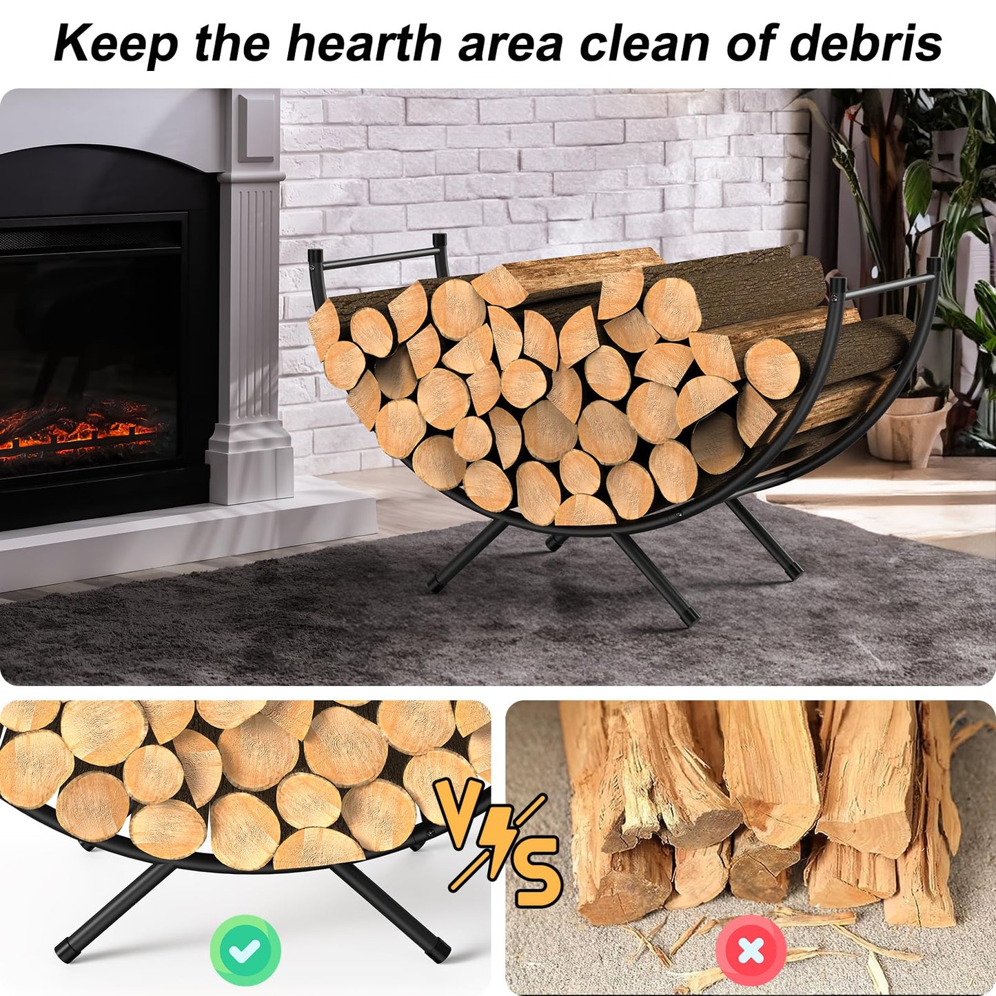 NANANARDOSO Curved Firewood Rack，33 inches Heavy Duty Metal Fireplace Log Holder for Firewood Storage，Ideal for Indoor and Outdoor Fireplaces，Black