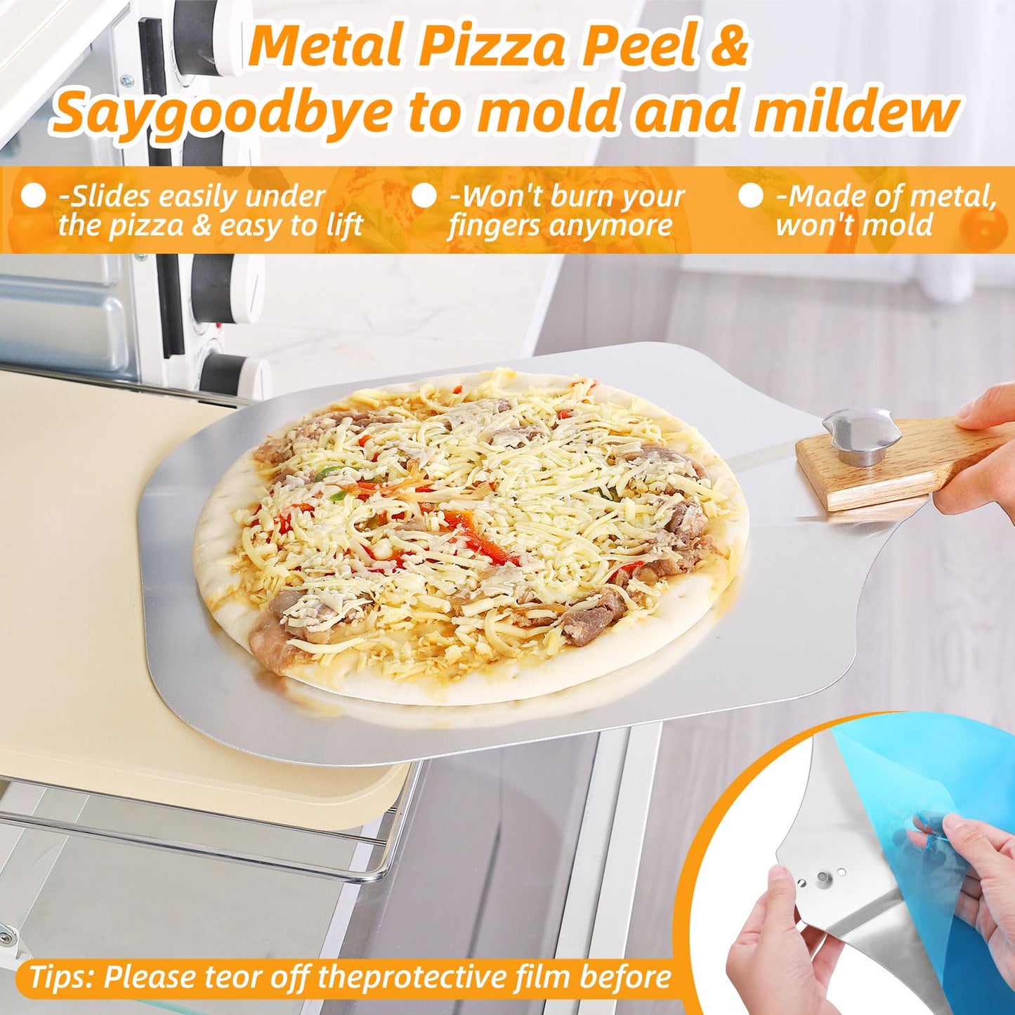 GOFOWRK Pizza Stone Set, 15 x 12'' Large Rectangle Pizza Stone Set for Oven and Grill with Metal Pizza Peels & Cutter Rocker, 0.6'' Thickened Stone Pizza Pan, Baking Stone for Pizza, Bread