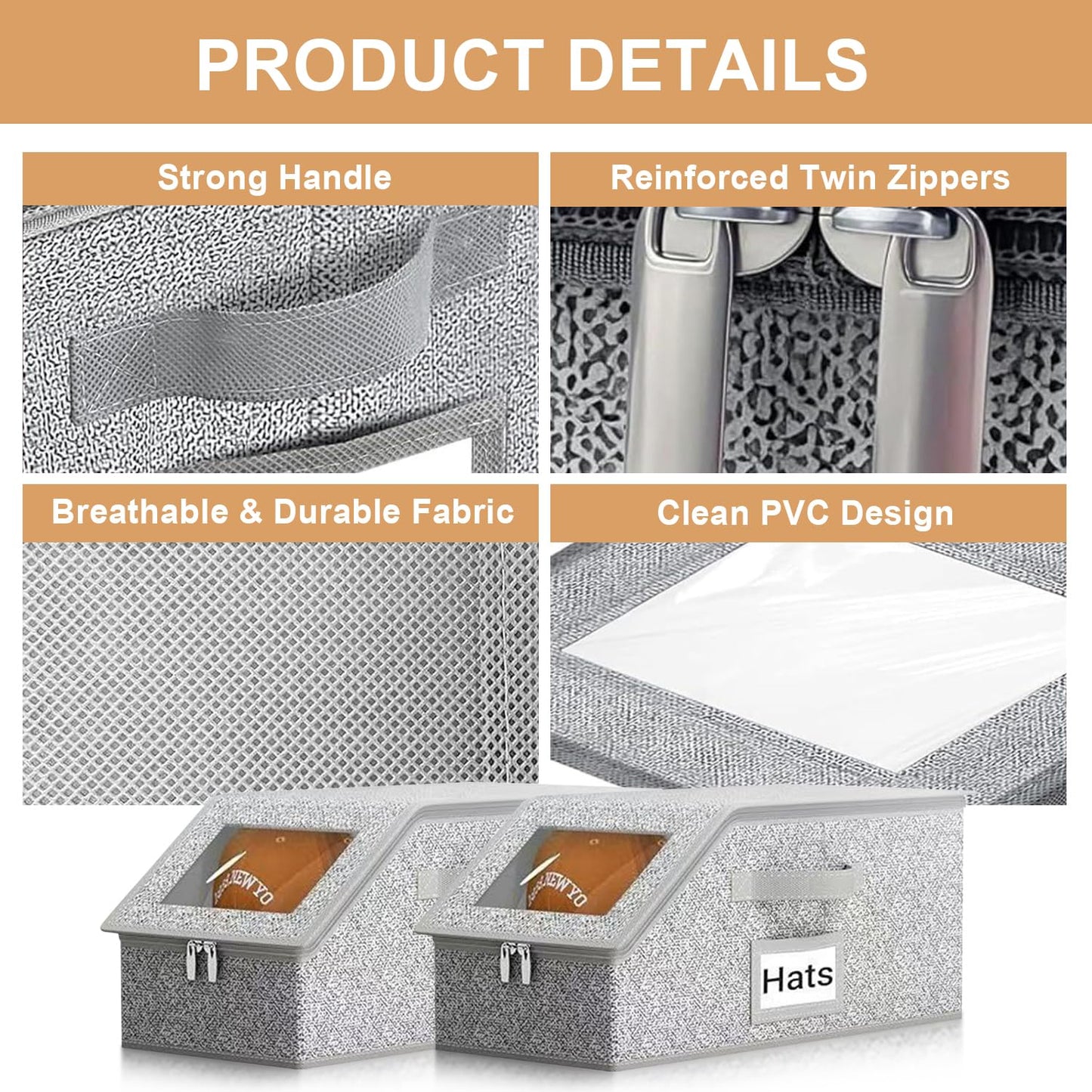 2PCS Hat Storage Box for Baseball Caps - Stackable Foldable, Hat Organizer for Closet, Baseball Cap Storage Box, Hats Storage Bins with Handle for Shelf or Wardrobe, Grey