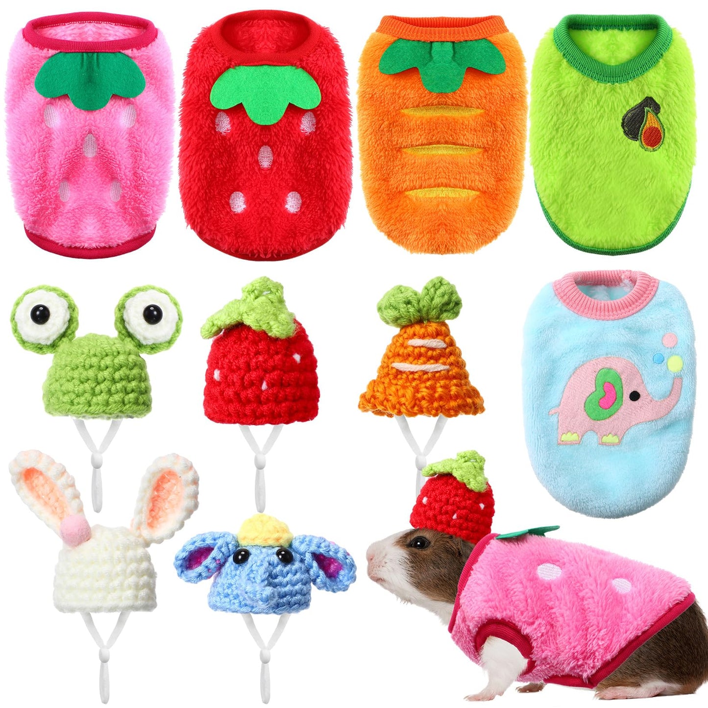 Clysee 10 Pcs Guinea Pig Clothes Set, 5 Guinea Pig Costume Outfit, 5 Cute Mini Hat with Adjustable Strap Small Animal Warm Vest Sweater Cozy Hand Knitted Hat for Hamster Bunny(Fresh Style)