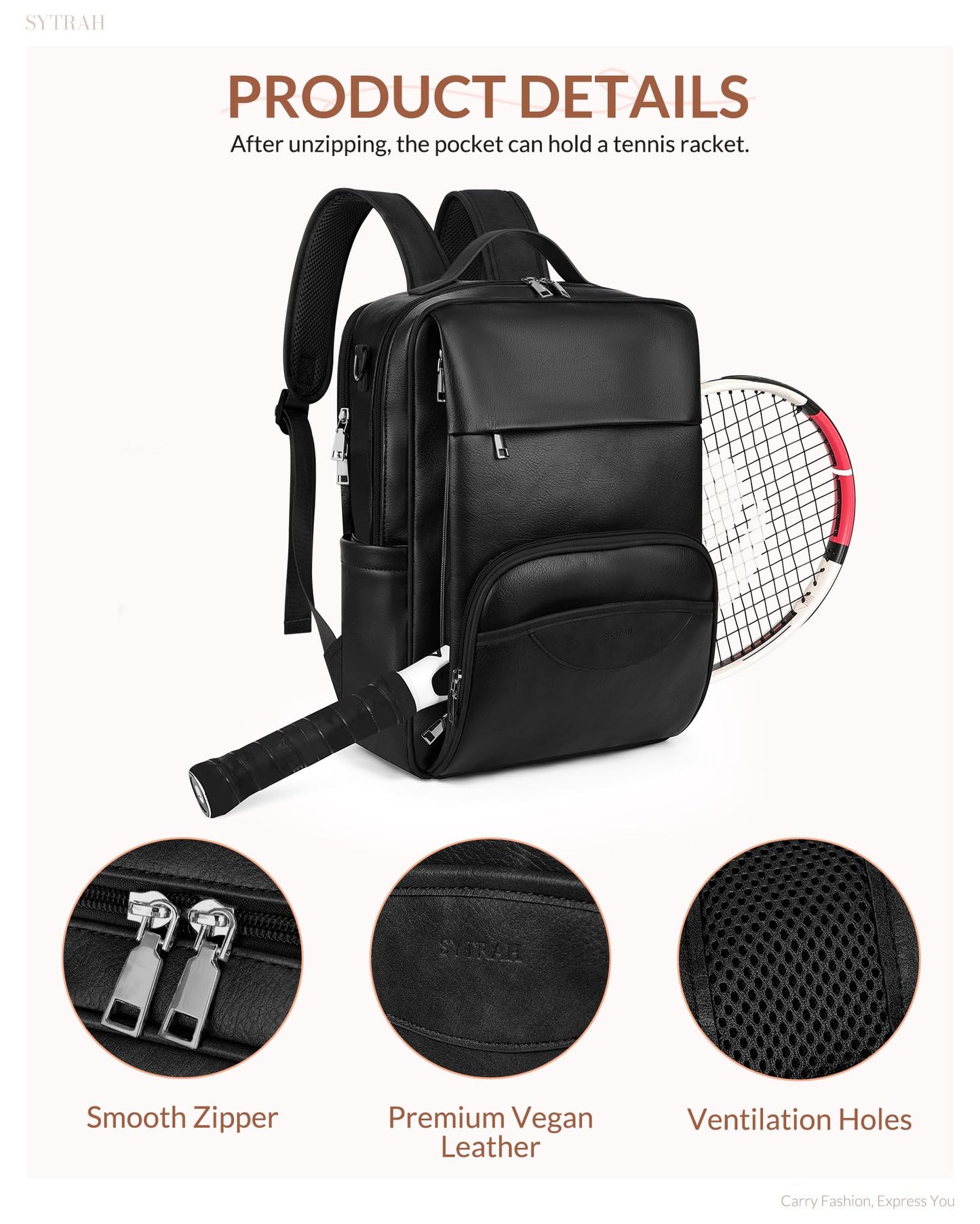 SYTRAH Leather Laptop Backpack, 15.6 Inch Business Computer Bag, Designer College Backpack Travel Backpack with Colorful Shoulder Bag Strap Black