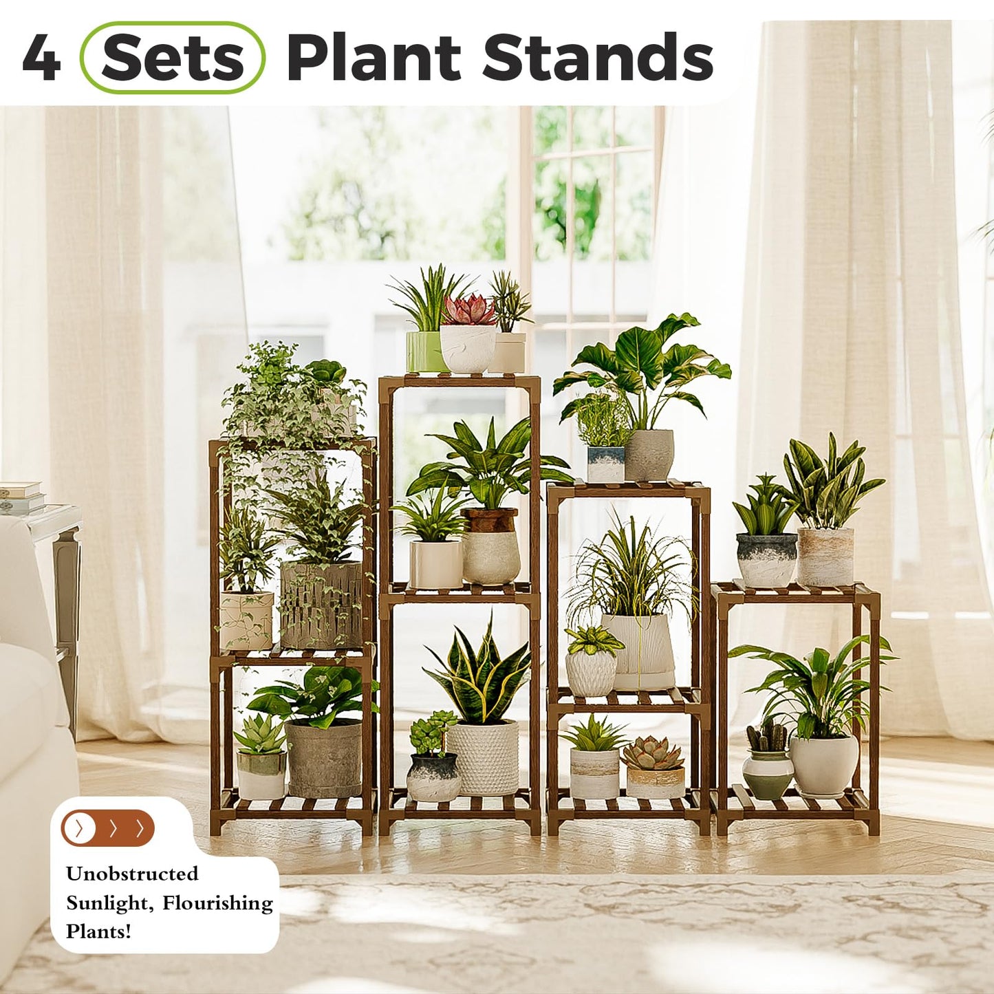 Bamworld 4 Sets of Package Plant Stands Indoor Combo Plant Shelves Outdoor Wooden Plant Rack for Living Room Balcony Garden