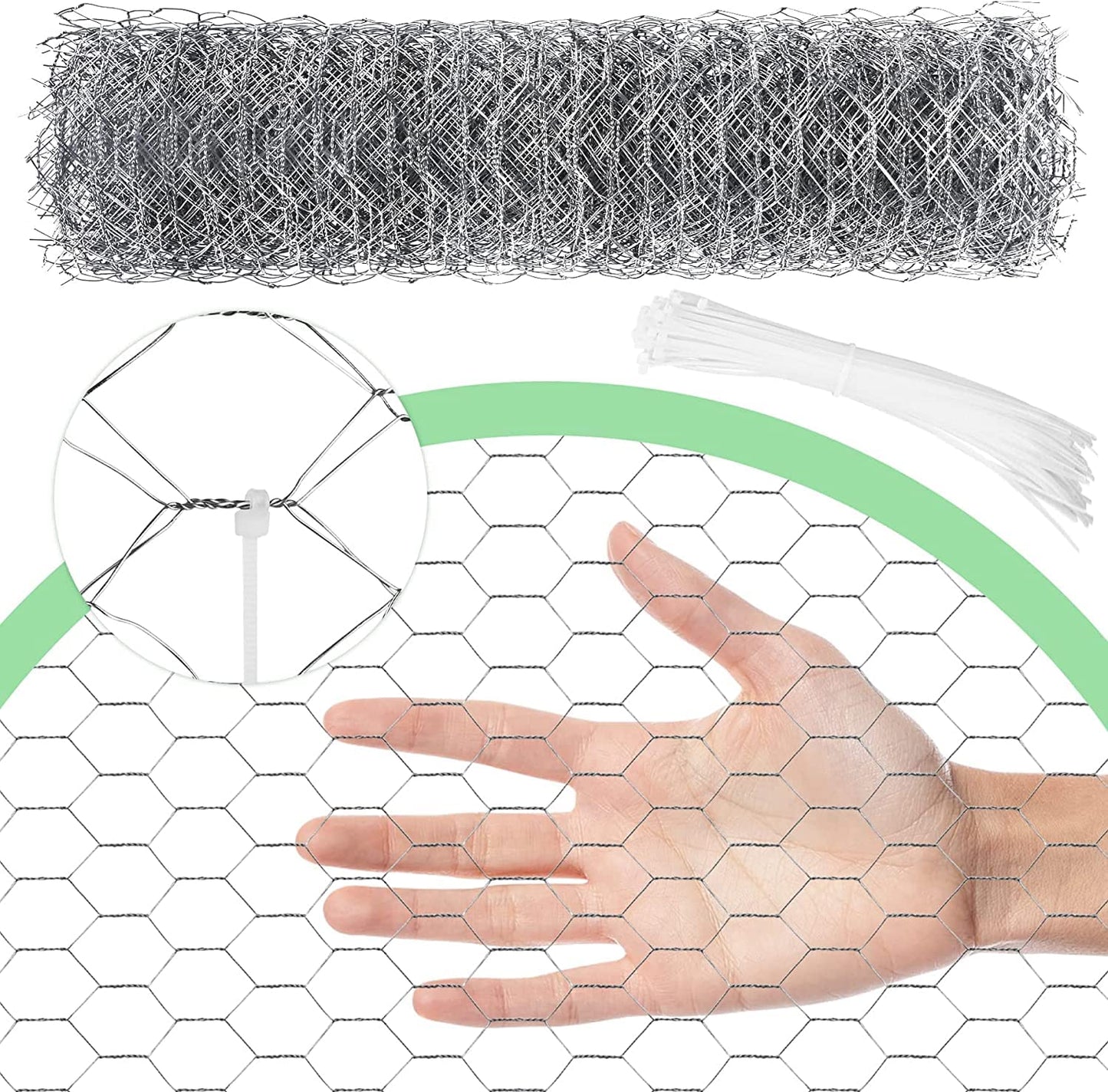 Chicken Wire 15.7 in x 590.5 in Poultry Wire Netting Hexagonal Galvanized Mesh Garden Fence Barrier for Pet Rabbit Chicken Fencing with 100 Pcs Cable Zip Ties