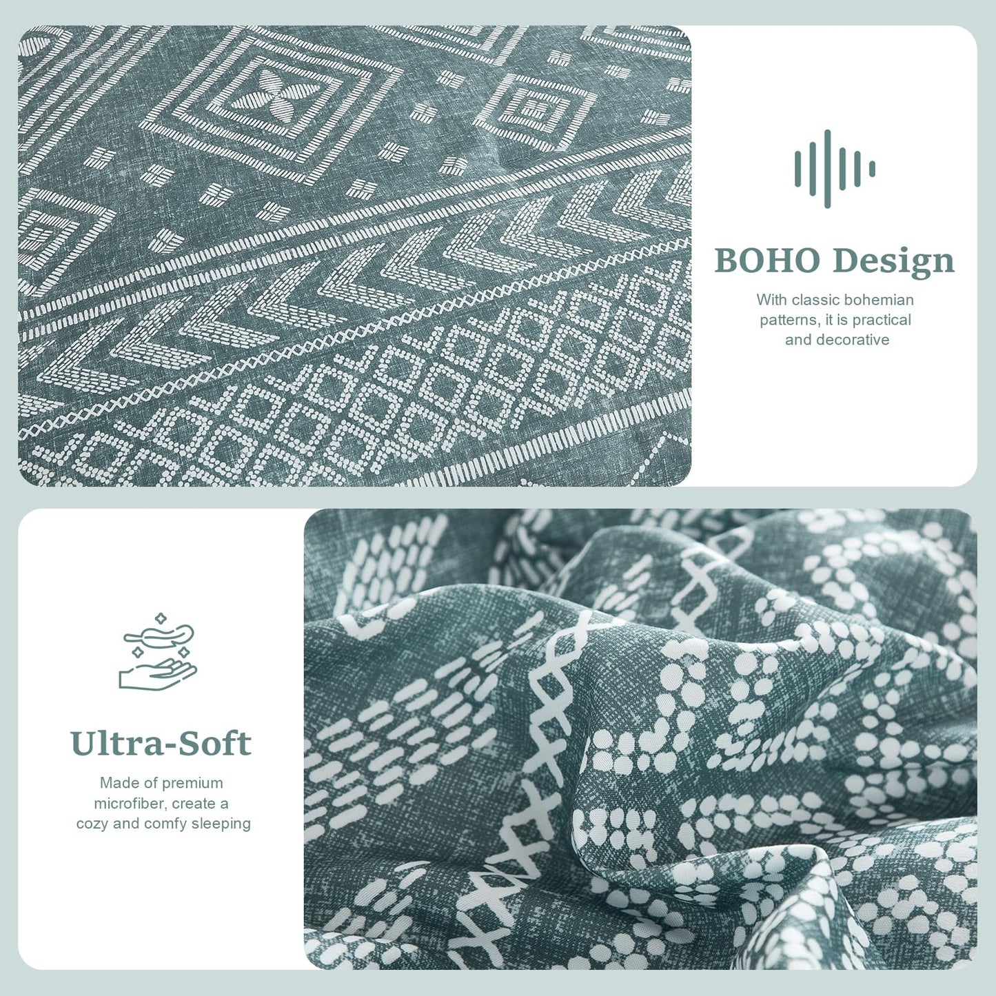 Yiran Boho Aztec Comforter Set Queen Size, Grayish Blue Comforter Bedding Set, 7 Piece Bed in a Bag, Soft Microfiber Bohemian Striped Complete Bedding Set with Sheets for All Season