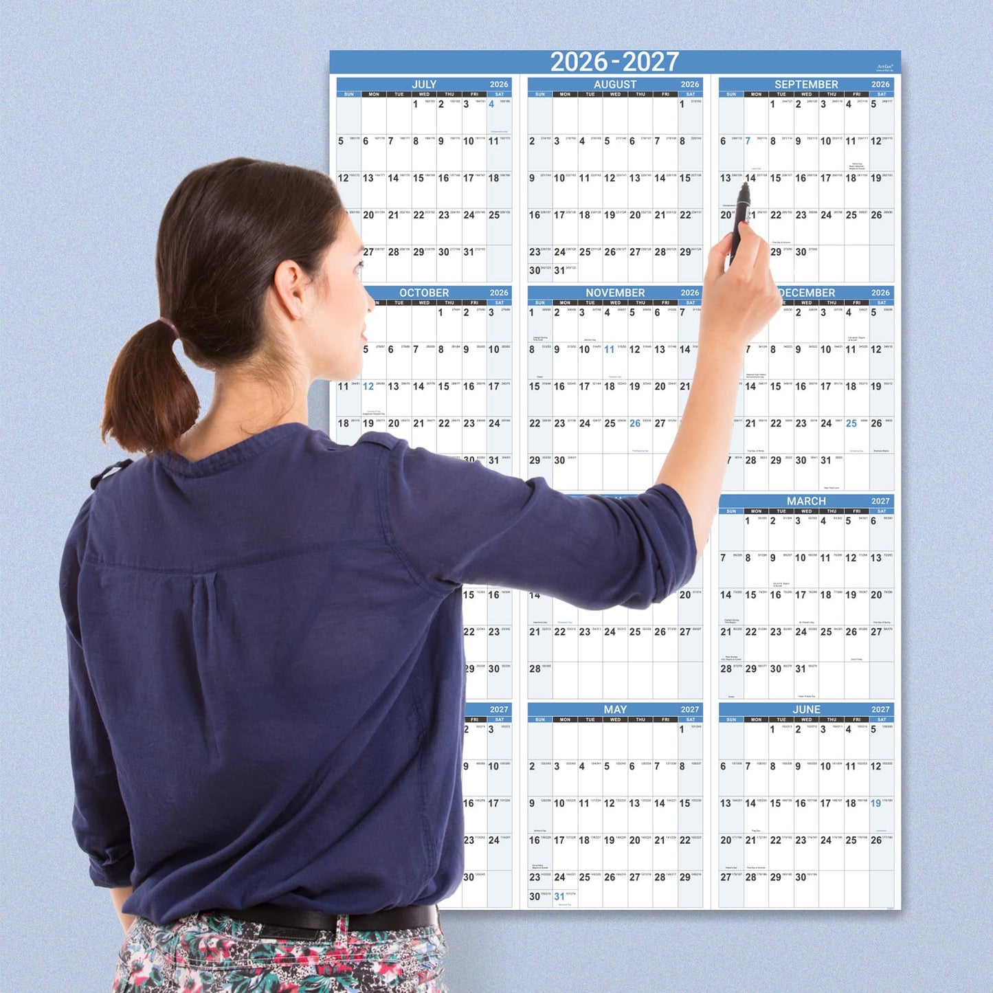 2026-2027 Wall Calendar - 2026-2027 Yearly Wall Calendar, July 2026 - June 2027, Calendar 26-27, 34.8" x 22.8"(Open), One Page Vertical with Round Stickers, Gift Pocket - Haze Blue