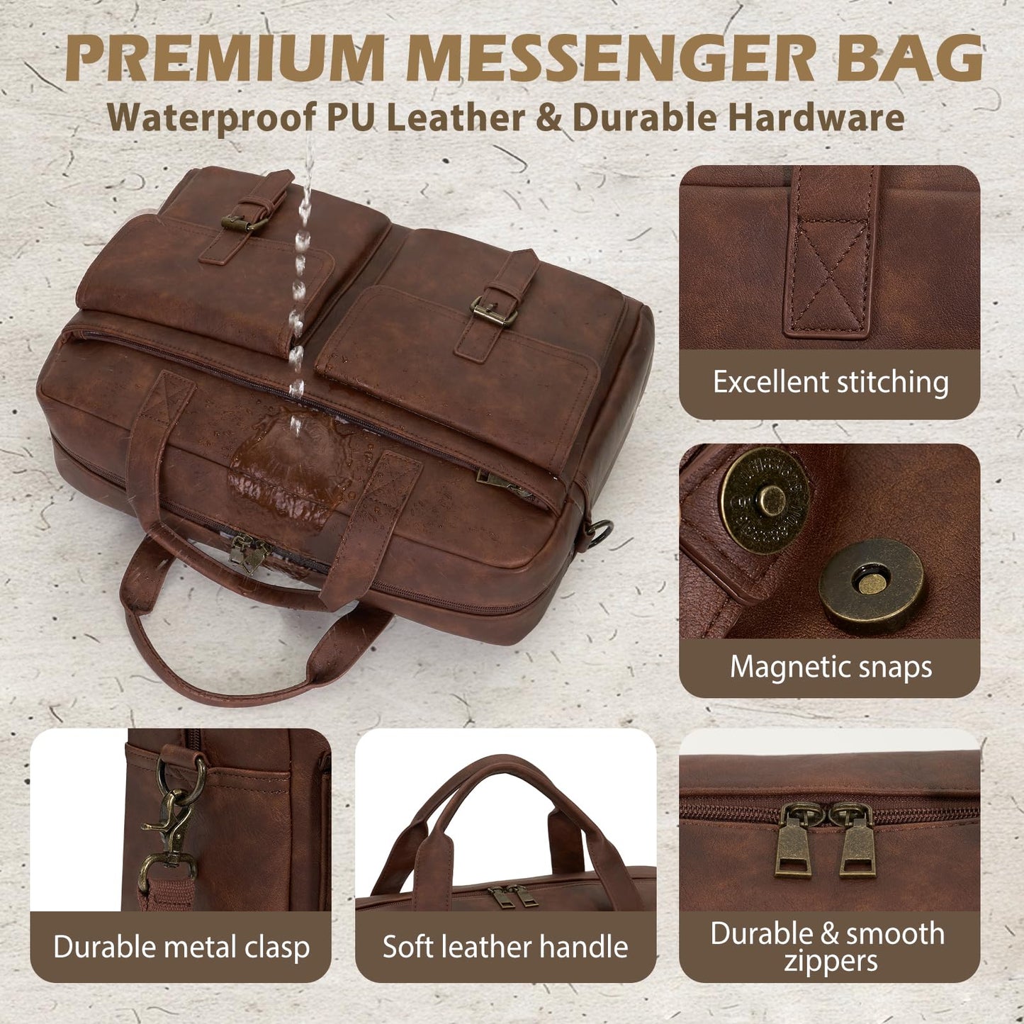 RAINSMORE Laptop Bag Men Messenger Bags Leather Briefcases for Men 16 Inch Computer Satchel Shoulder Bag for Work, Office, Business, College