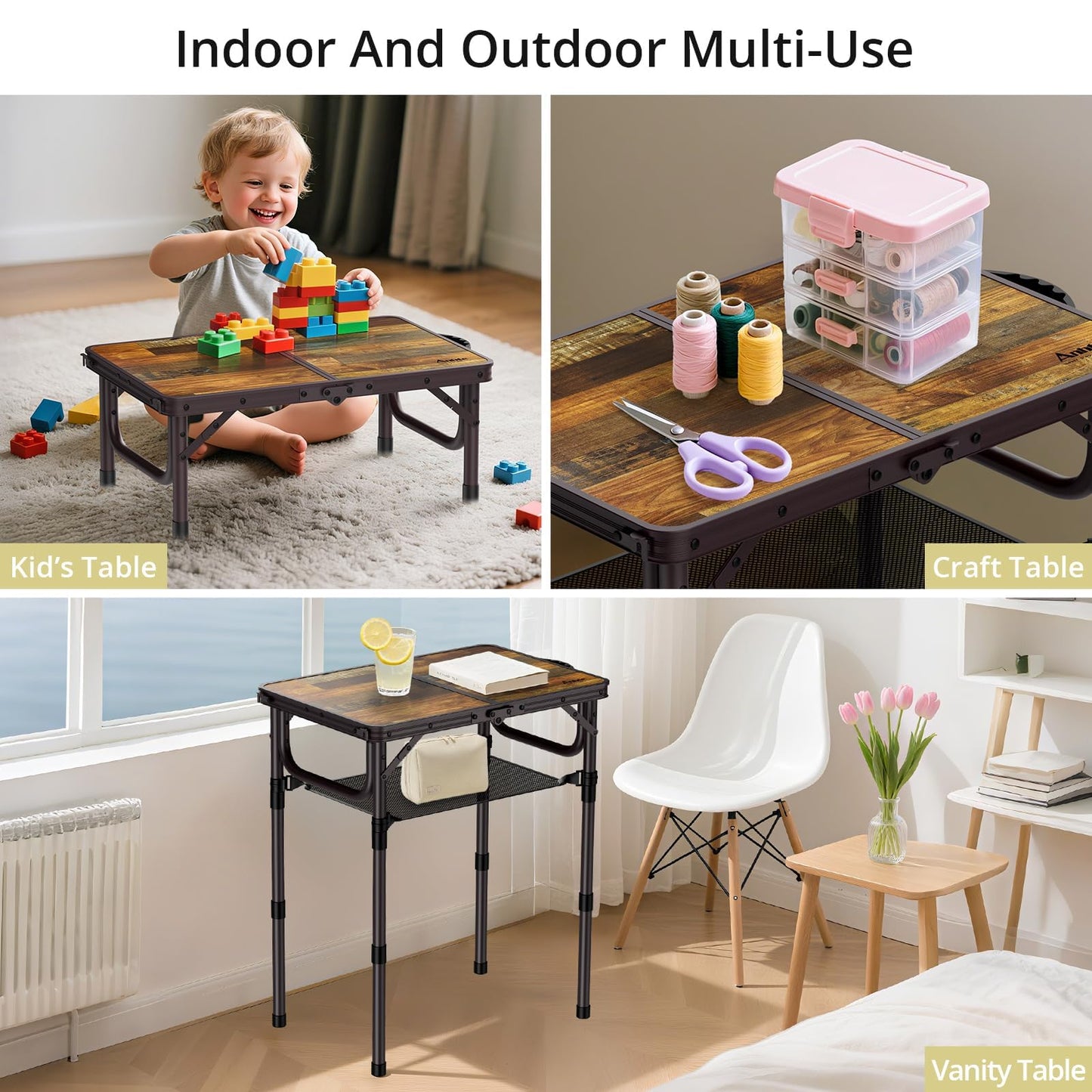 Anbte 2ft Camping Table Foldable with Storage Net, 3 Adjustable Heights 27.5" Aluminum Small Portable Table with Carrying Handle, for Outdoor Indoor Picnic Beach Party Travel, 24" X 16", Brown