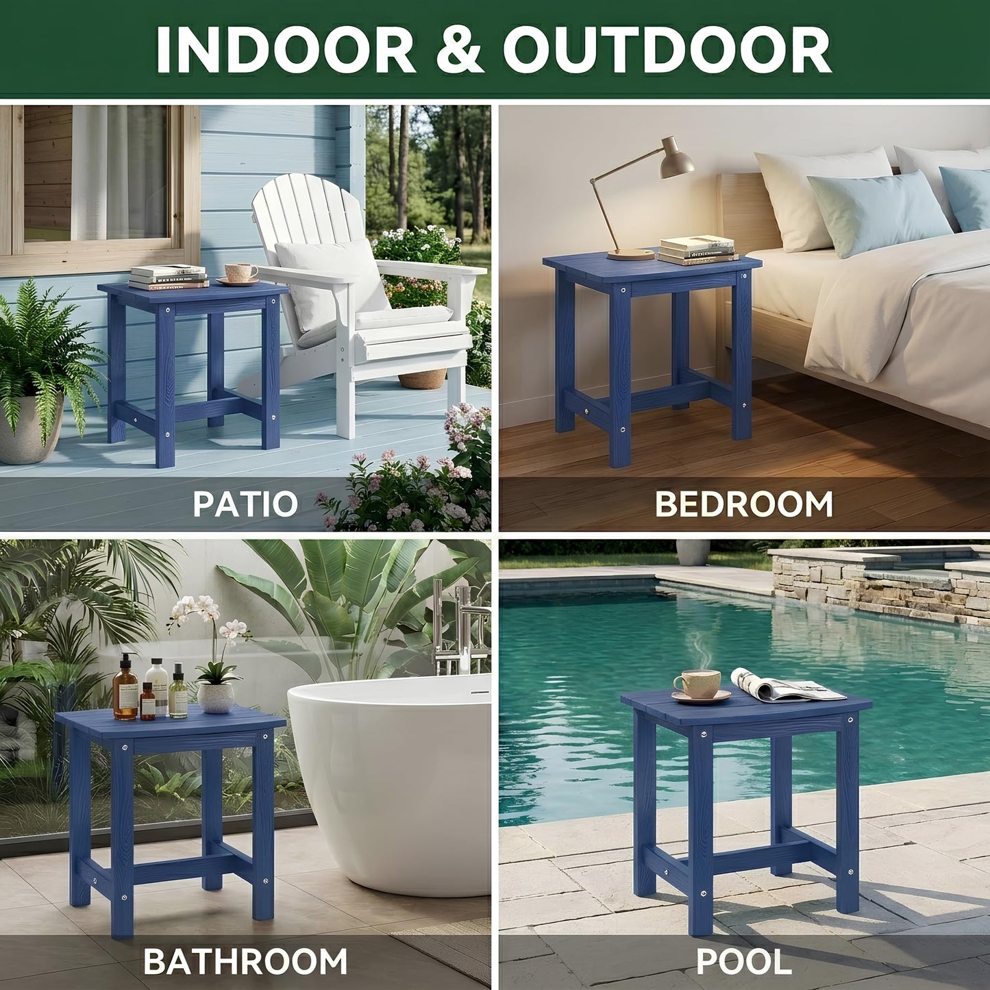 Y&M Outdoor Side Table, HIPS Adirondack Small Single Table, Waterproof Square Outside Table, Balcony Modern End Tables for Patio, Pool, Beach, Porch, Deck, Indoor or Outdoor Use, Navy Blue