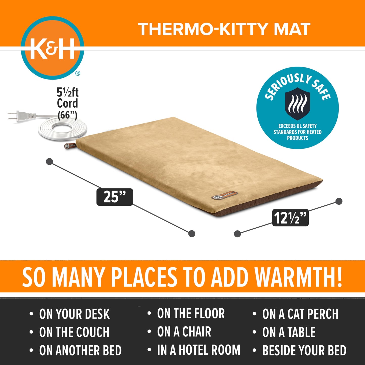 K&H Manufacturing Thermo-Kitty Mat 12.5-Inch x 25-Inch, 6-Watts, Mocha