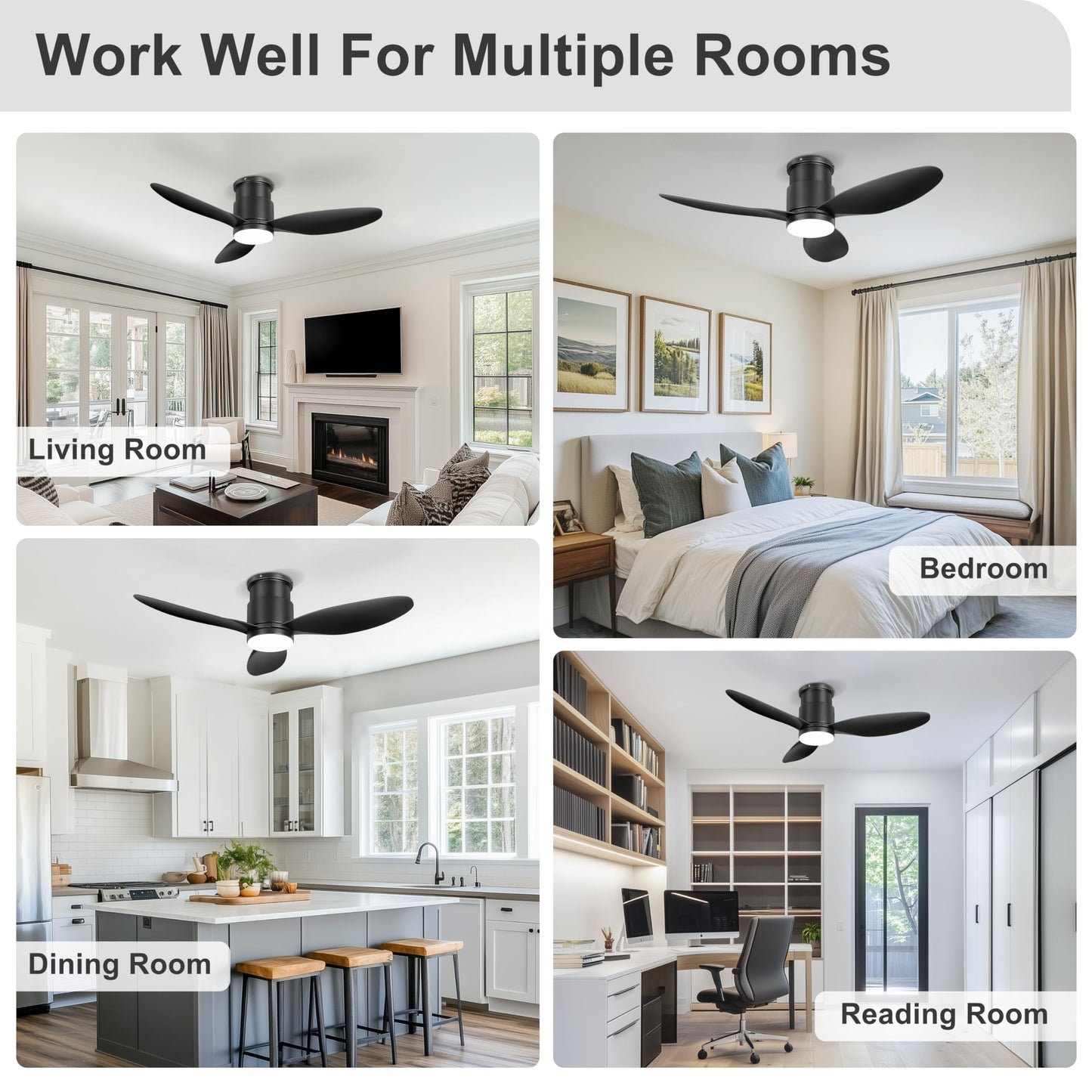 Ohniyou 42'' Flush Mount Ceiling Fan with Light, Remote & App Control, 3 Colors & Dimmable, Silent DC Motor, Low-Profile Indoor Fan for Bedroom, Kitchen, Living Room (Black)