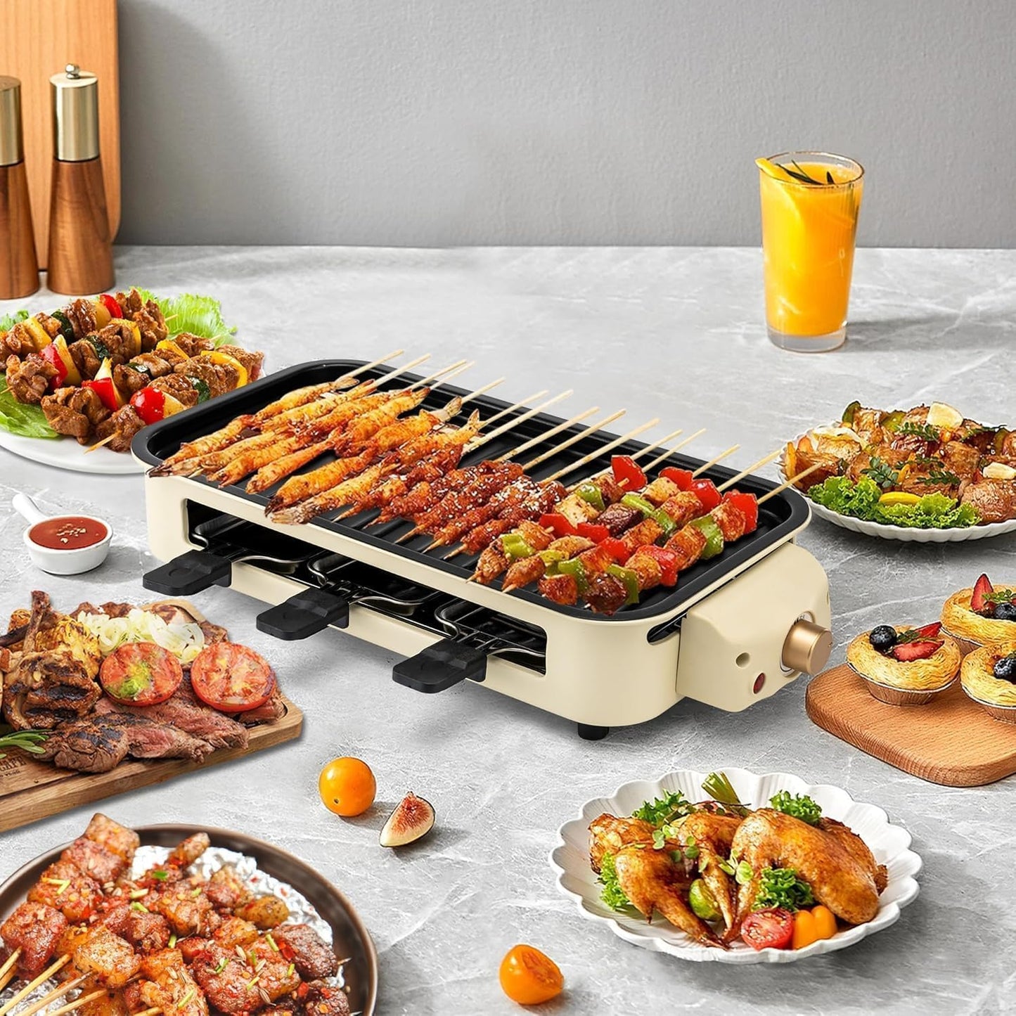 Multifunction Electric Barbecue, 1500W Electric Smokeless Barbecue Grill with Grill Net & 3 Non-stick Cooking Plate, Skewers Machine with Adjustable Temperature Control, Dishwasher Safe