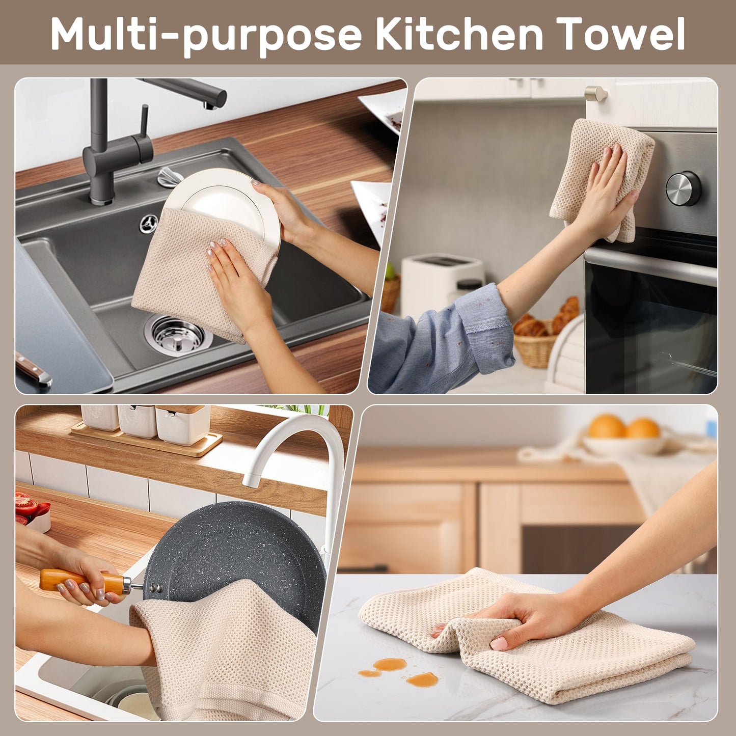 HOMYTOP Large Kitchen Hand Towels,6 Pack Cotton Waffle Weave Dish Towel for Drying, Cleaning Cloth for Kitchen Dishes - Extra Absorbent and Soft - 16 x 28 inch (Cream+Bluegray+Brown-6 Pack)