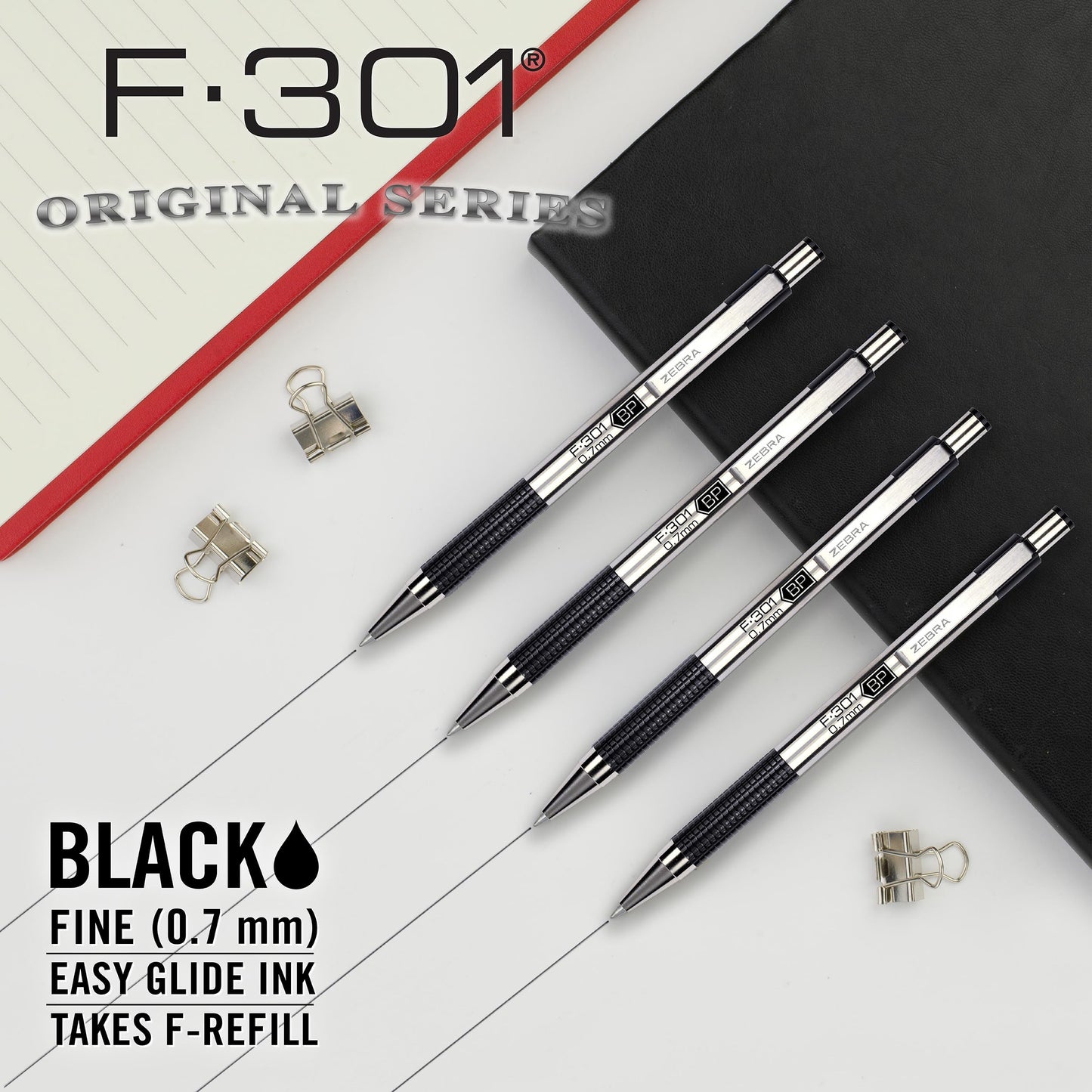 Zebra Pen F-301 Ballpoint Black Ink Fine Point 0.7mm Pen, Easy-Glide Ink, Stainless Steel Retractable, Non-Slip Grip, Professional Design, Ideal for Office, Journal and Planner Use, 12-Pack (27110)