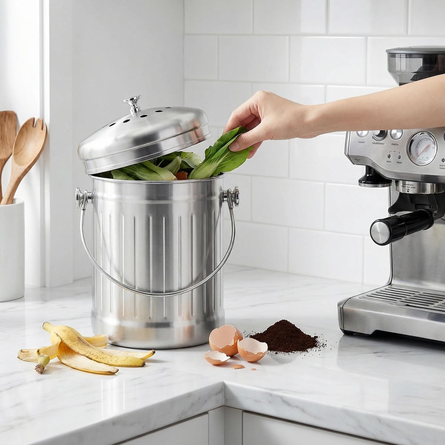 Veinvify 1.3 Gallons 5L Brushed Stainless Steel Kitchen Countertop Undersink Indoor Odorless Composting Compost Bin Countertop Composter with Charcoal Filter Inside Lid Brushed