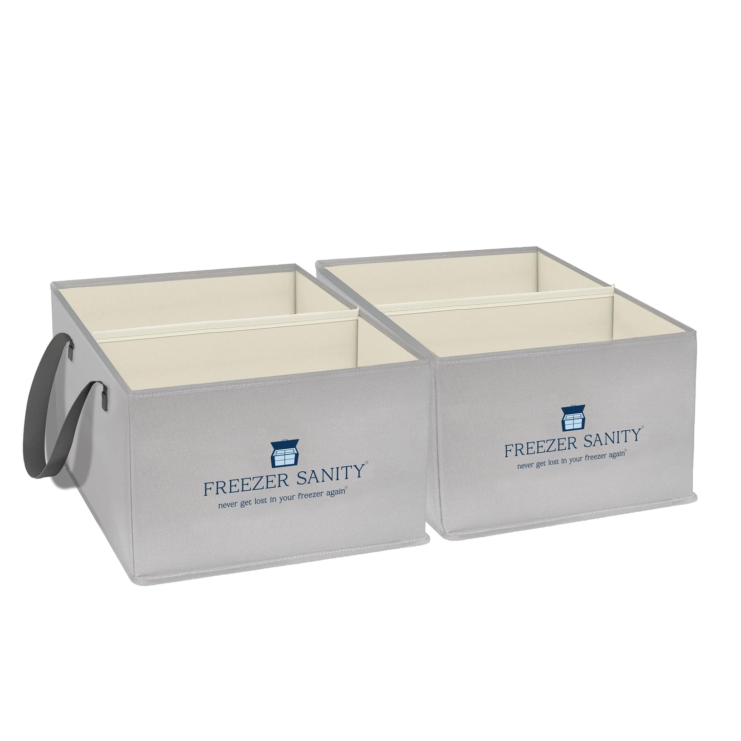 FREEZER SANITY Collapsible Freezer Organizer Bins - Stackable Storage Organizers with Custom Dividers, Handles, Ideal for Chest Freezers, Heavy-Duty, Water-Resistant (2 Pack Regular 15x14x9)
