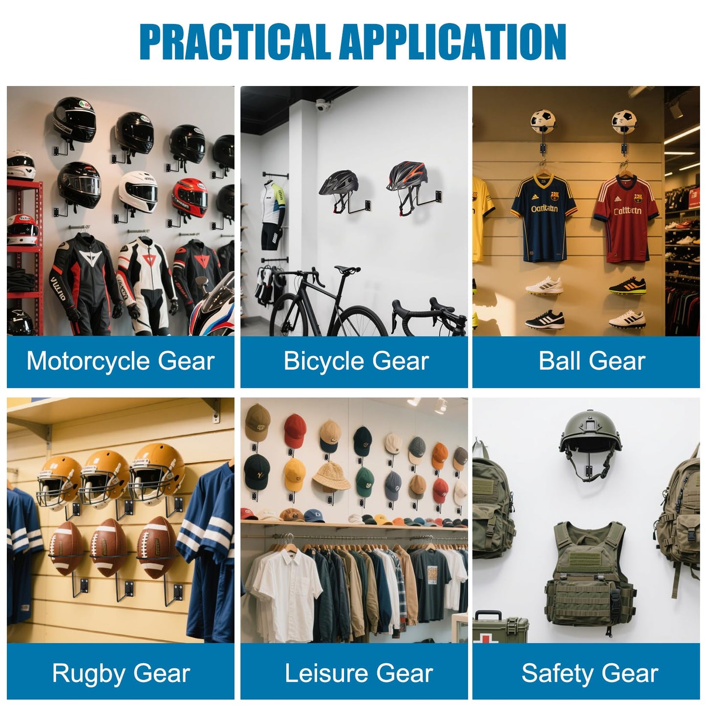 PSLER Helmet Holder - Motorcycle Helmet Holder Metal Helmet Holder Wall Mount for Most Motorcycle Bike Helmet, Jacket, Coats, Hats, Basketball, Rugby,6PCS