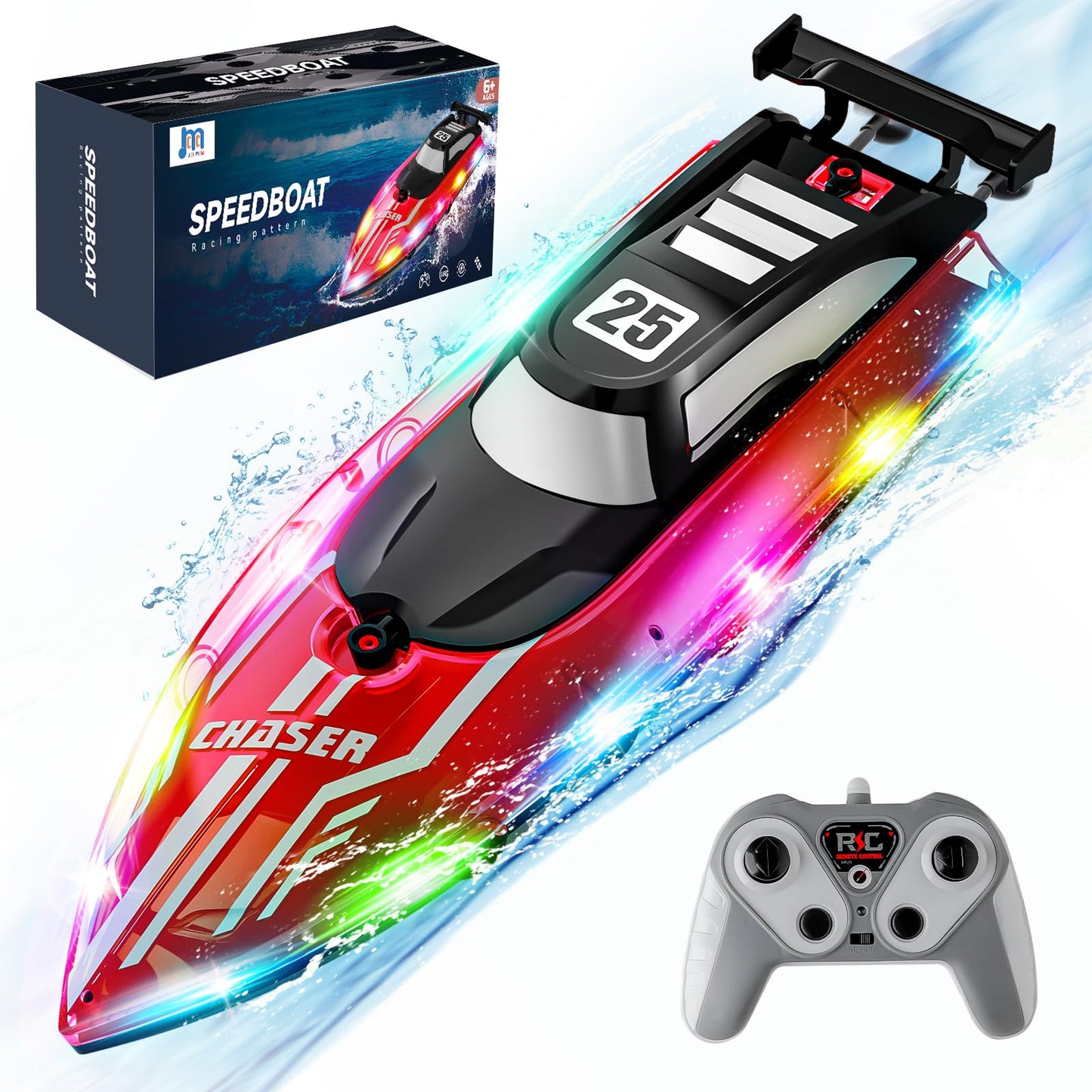 RC Boat with Dazzling LED Lights, 2.4Ghz Remote Control Racing Boats for Kids 8-12,Toy Water Boat for Pools and Lakes with Waterproof,Rechargeable Battery, for Boys Girls RED