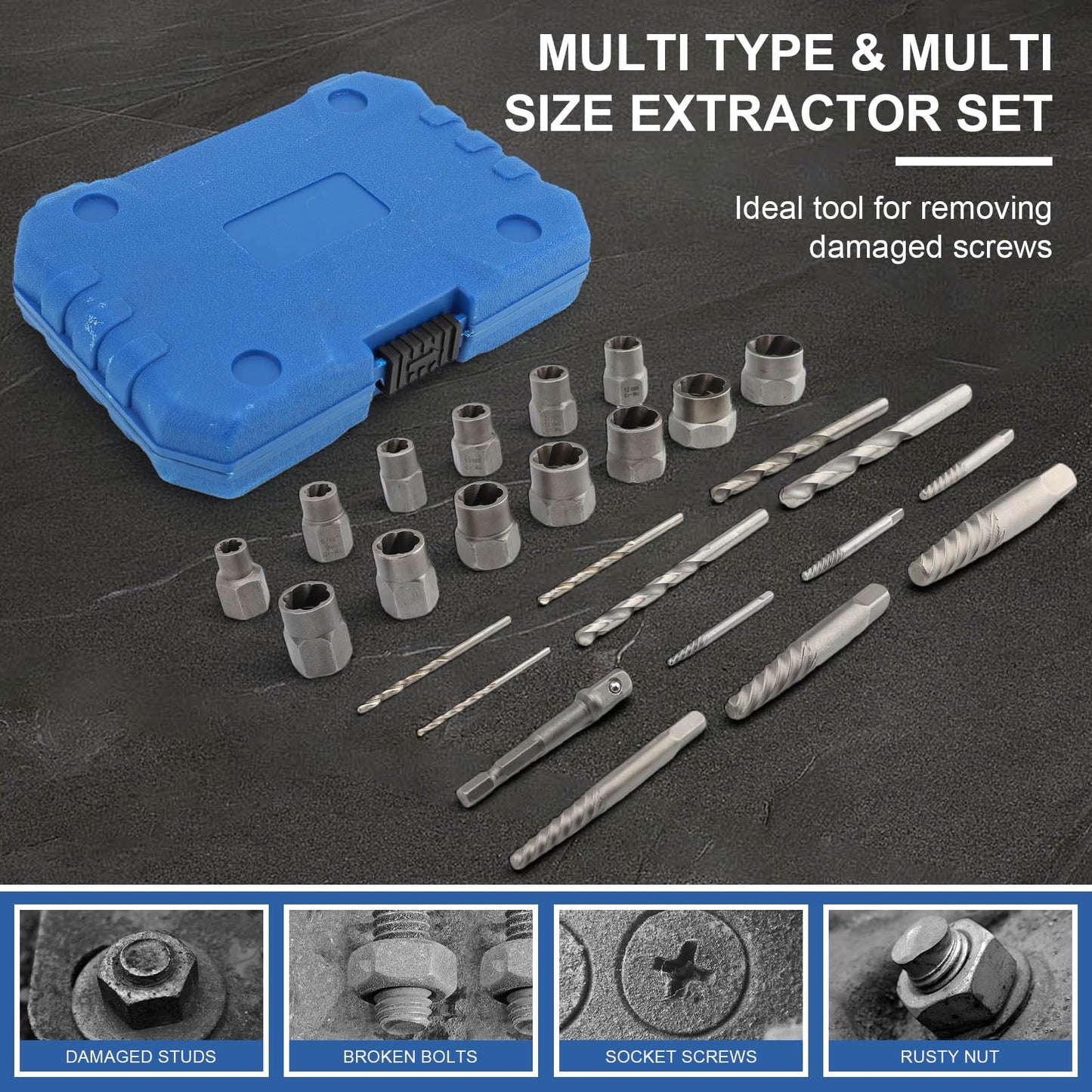 26Pcs Bolt Extractor Set & Drill Bit Kit, Screw Extractor for Spiral Screws, Easy Out Extractor Set, Multi-Spline Screw Extractors Nut Remover for Removing Damaged, Frozen, Rusted Nuts Screws Bolts