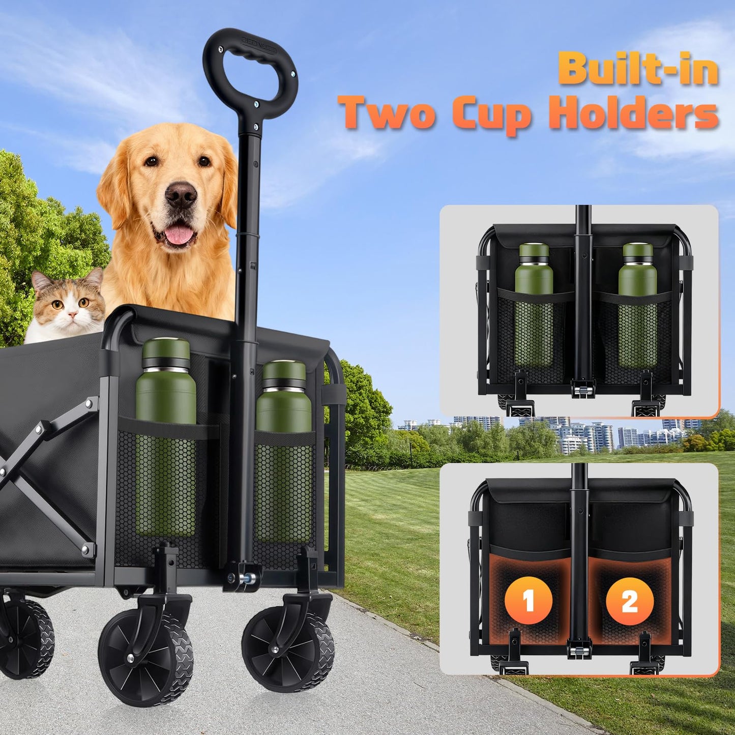 220LBS Collapsible Foldable Wagon Carts - Heavy Duty Portable Folding Utility Wagons with All-Terrain Wheels for Grocery Sports Shopping Camping Garden Beach, 2 Drink Holders/Lightweight/Black
