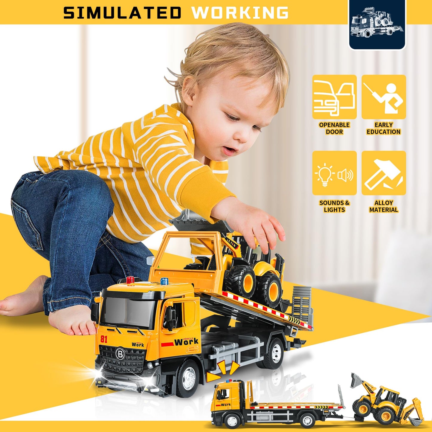 ID Gerilla Tow Truck Toy Metal Cab, Flatbed Tow Truck Toys for Boys Age 3-5 with Backhoe Loader, Friction Powered Transport Trailers with Lights, Sounds, Construction Vehicles for Kids Birthday